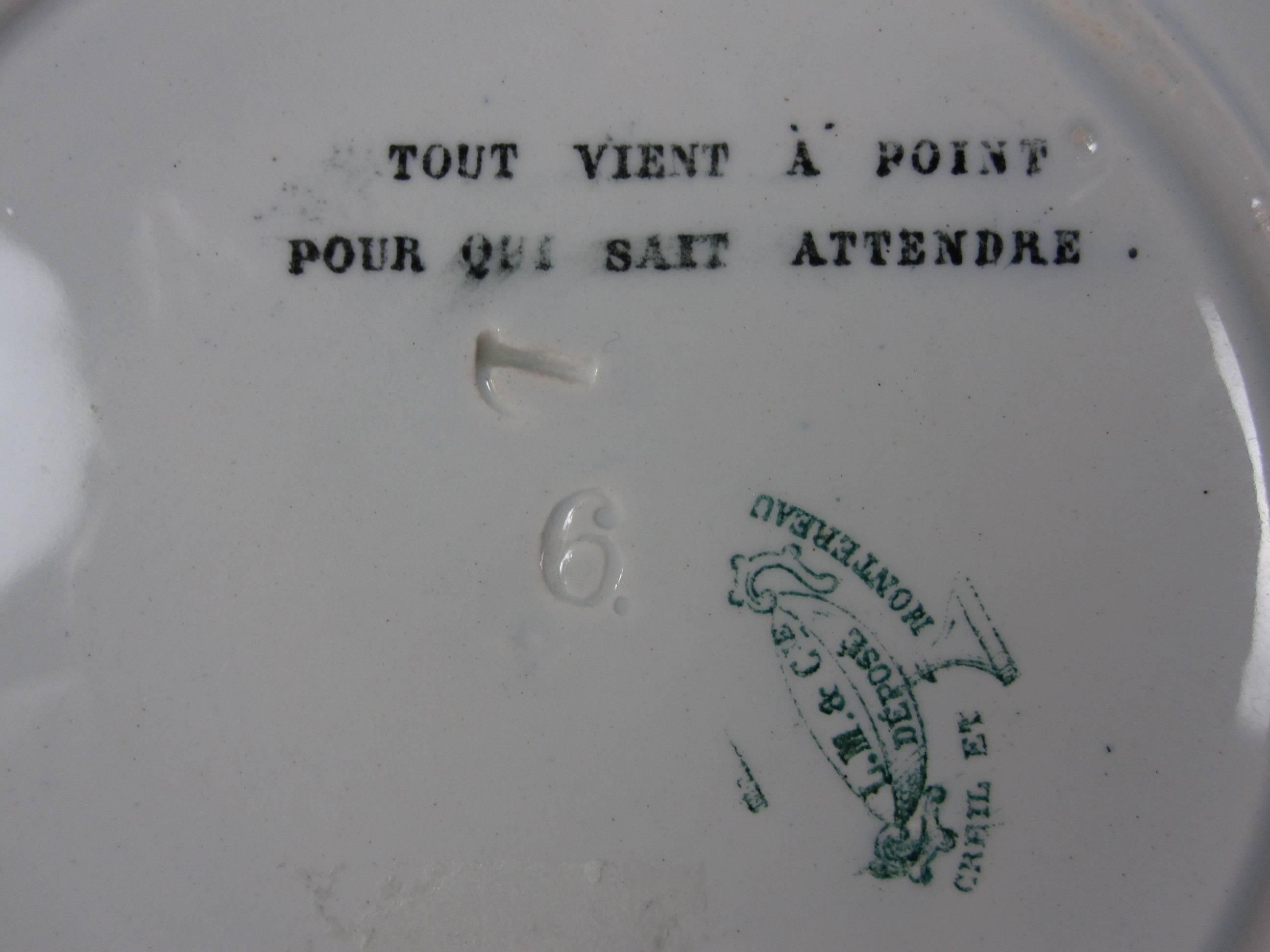 Poterie Assiettes à dessert puzzle français Creil et Montereau Transferware Rebus, lot de 6 en vente