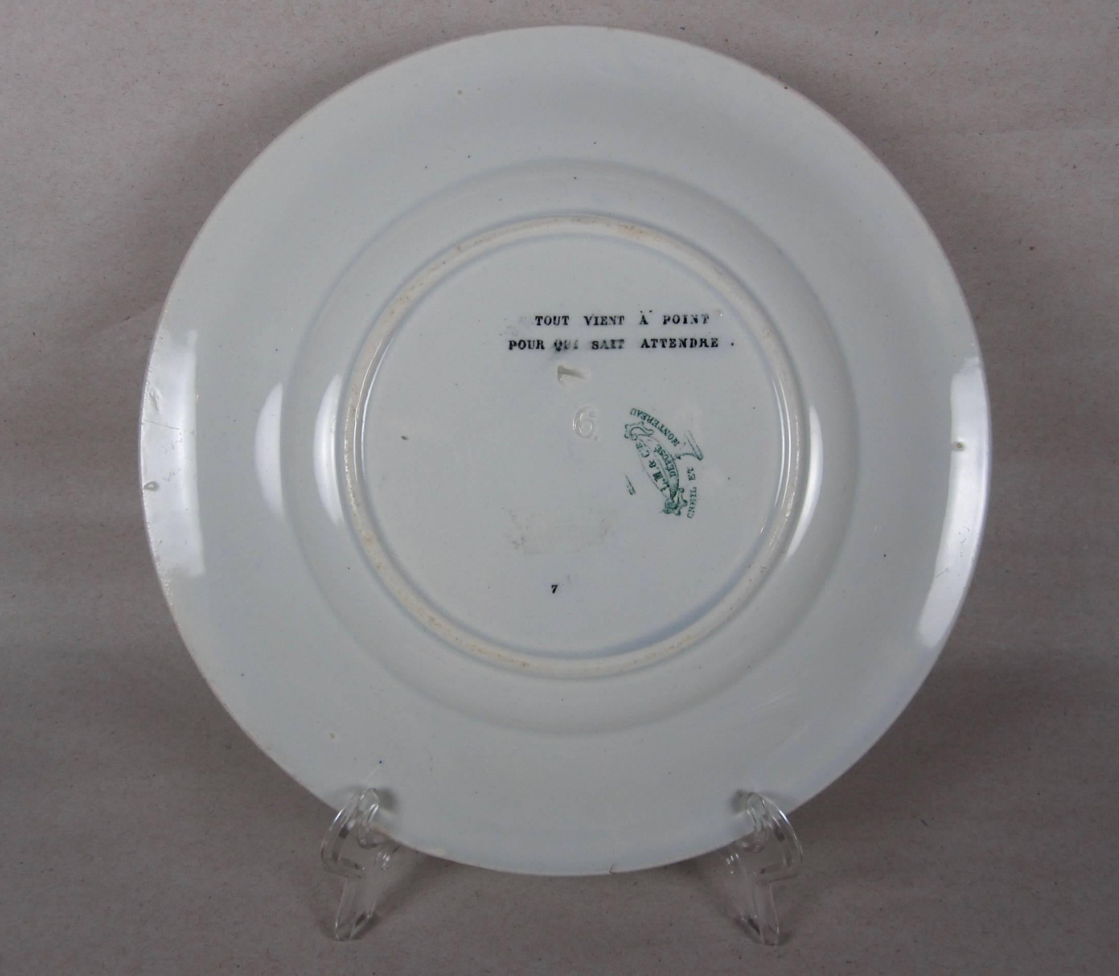Assiettes à dessert puzzle français Creil et Montereau Transferware Rebus, lot de 6 en vente 1