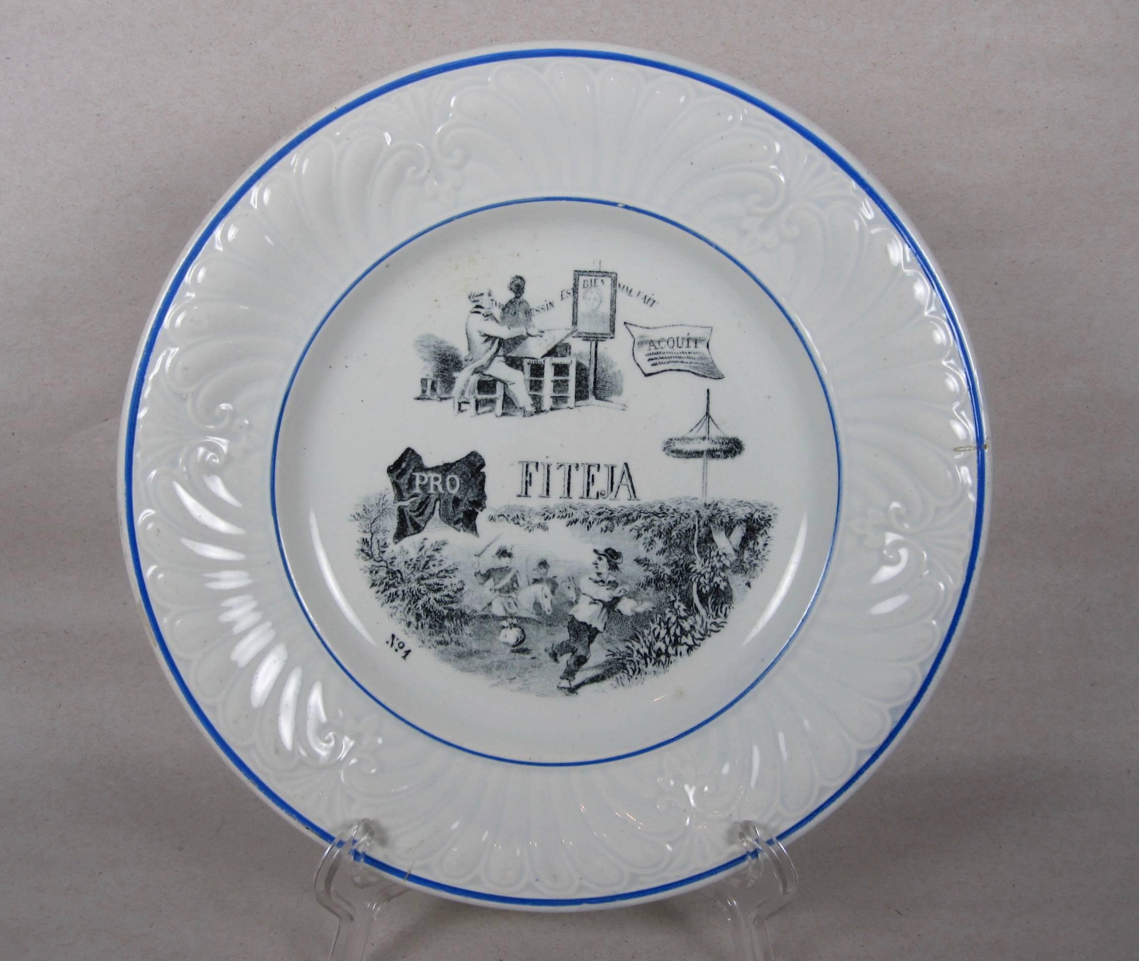 XIXe siècle Assiettes à dessert puzzle français Creil et Montereau Transferware Rebus, lot de 6 en vente