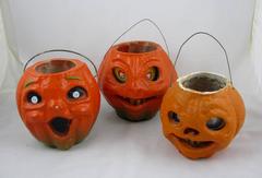 1930s Pulp Papier-Mâché Halloween Jack-o-lantern Pumpkins, Set of Three