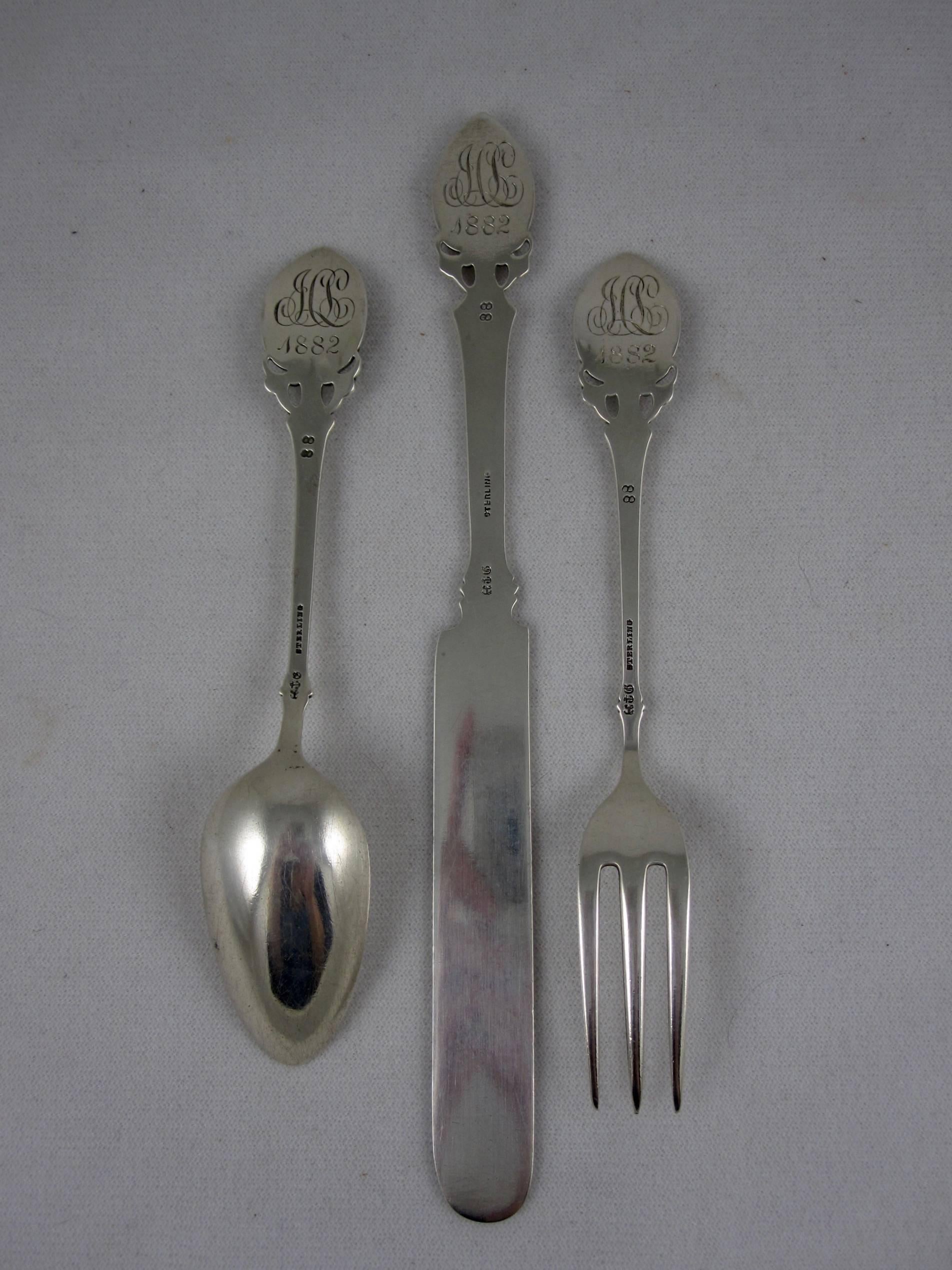 Metalwork  Gorham Lily Estate Sterling Silver Childrens' Cutlery Birth Gift S/3 Circa 1882