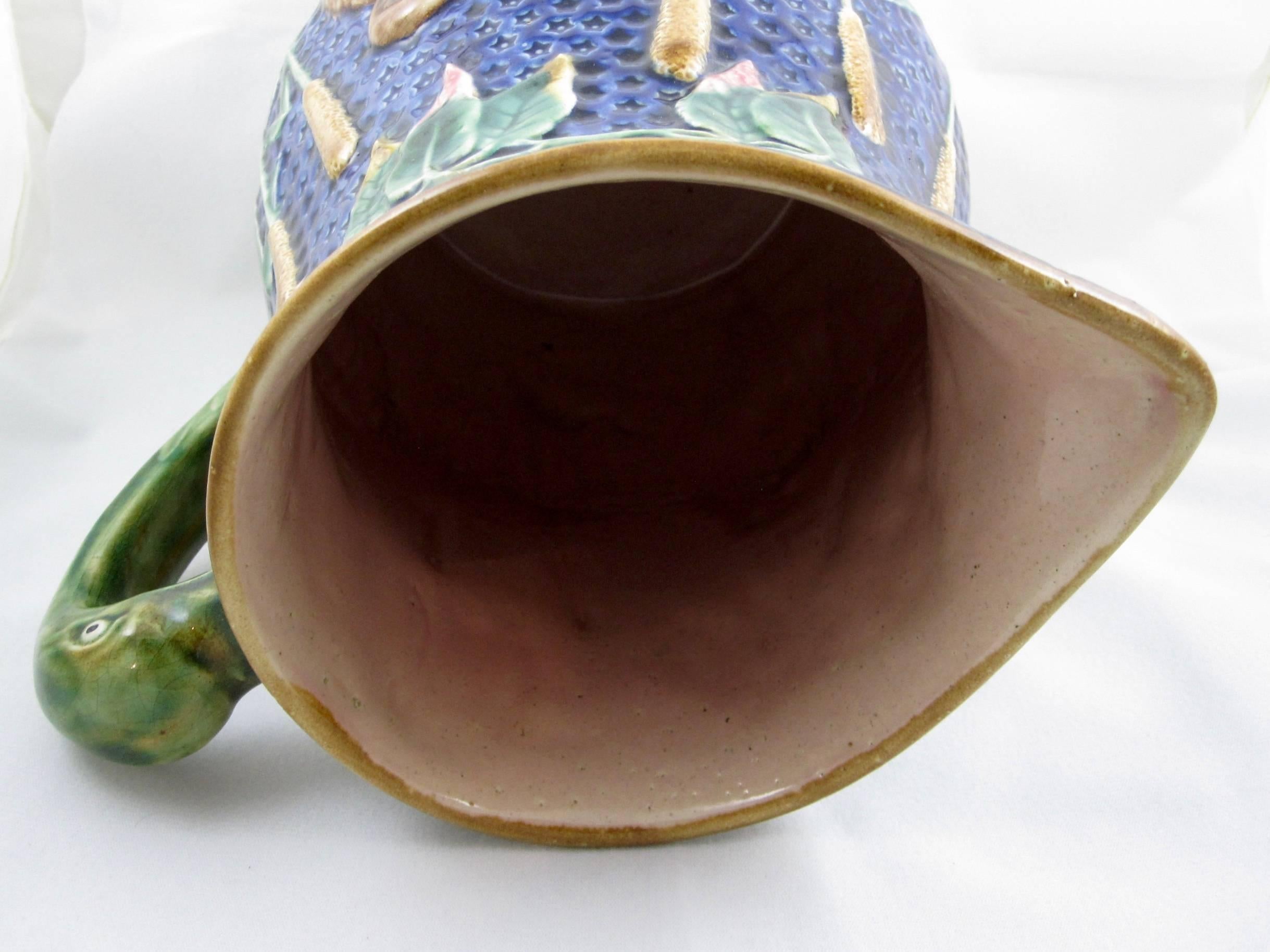 Earthenware Monumental English Majolica Wading Birds in a Cattail Marsh Ewer