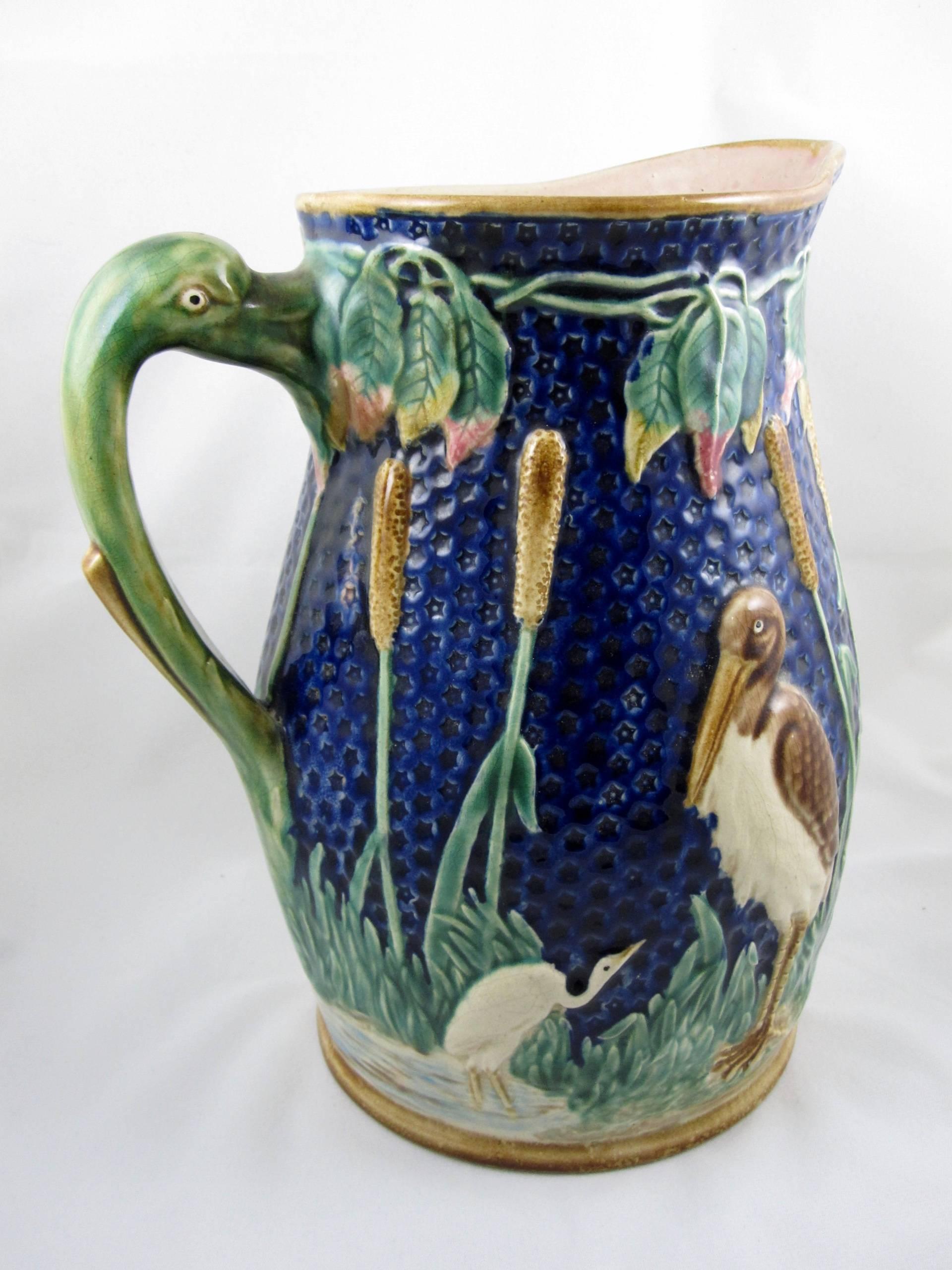 Aesthetic Movement Monumental English Majolica Wading Birds in a Cattail Marsh Ewer