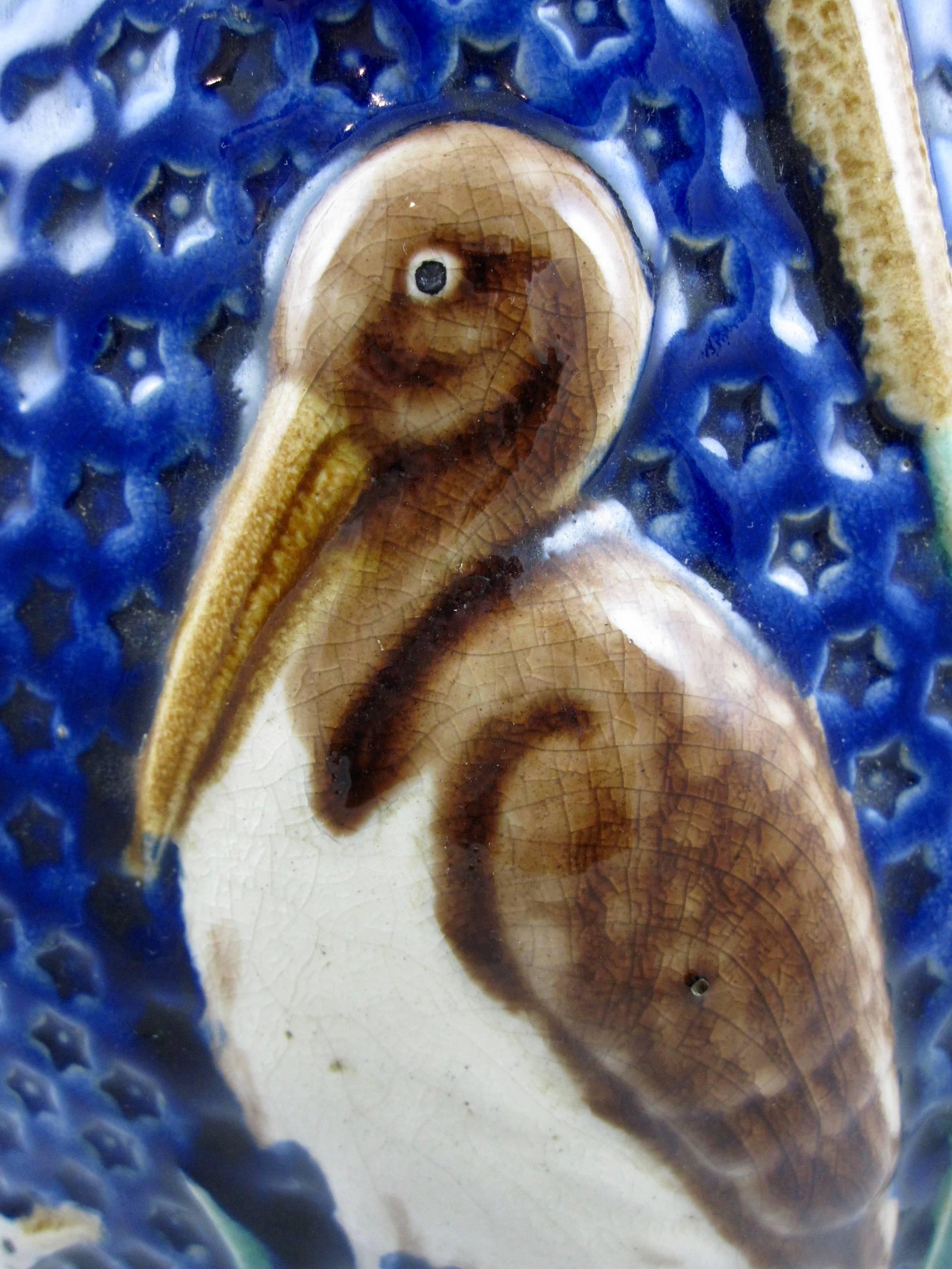 Monumental English Majolica Wading Birds in a Cattail Marsh Ewer 1