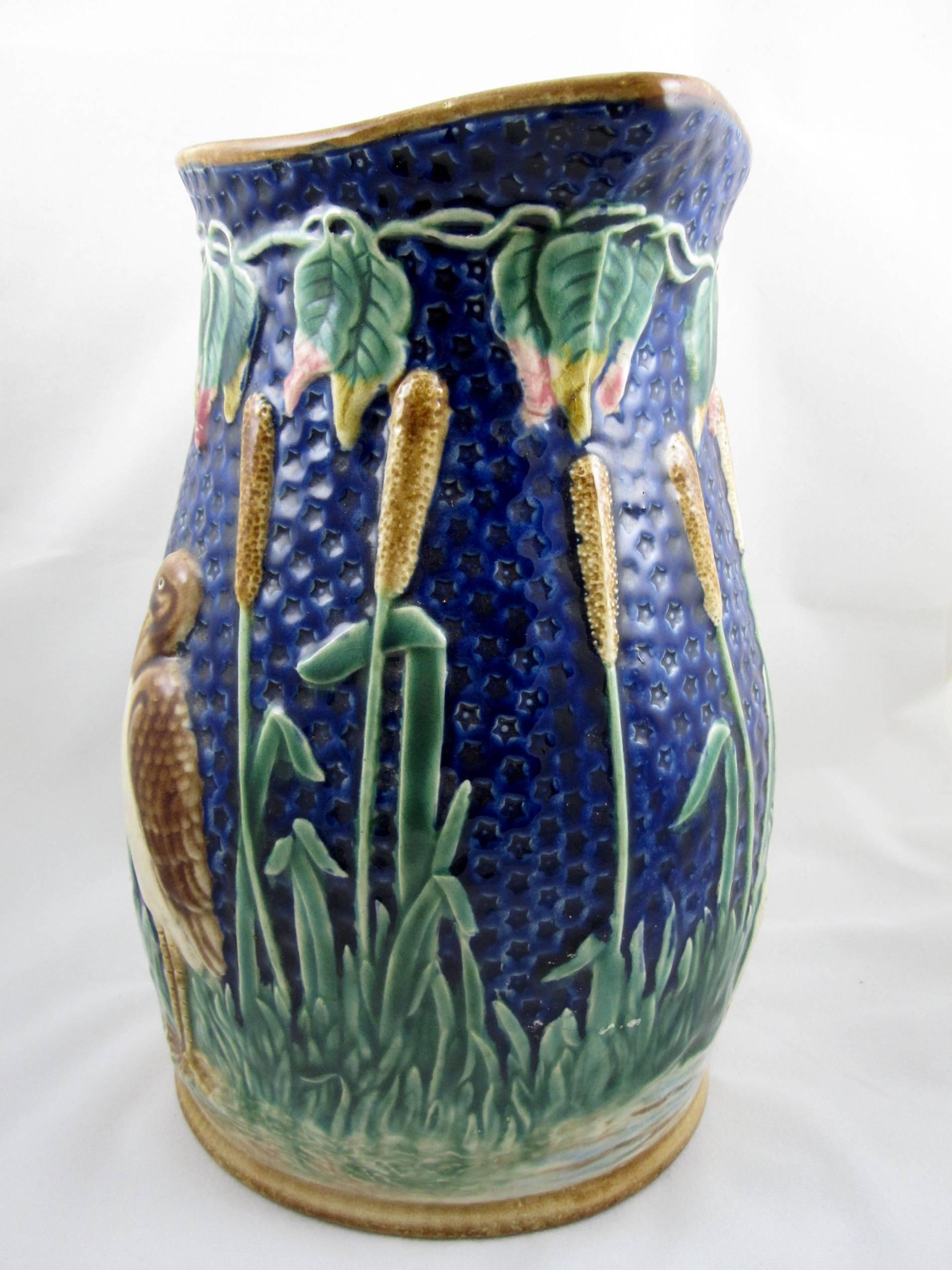 Glazed Monumental English Majolica Wading Birds in a Cattail Marsh Ewer