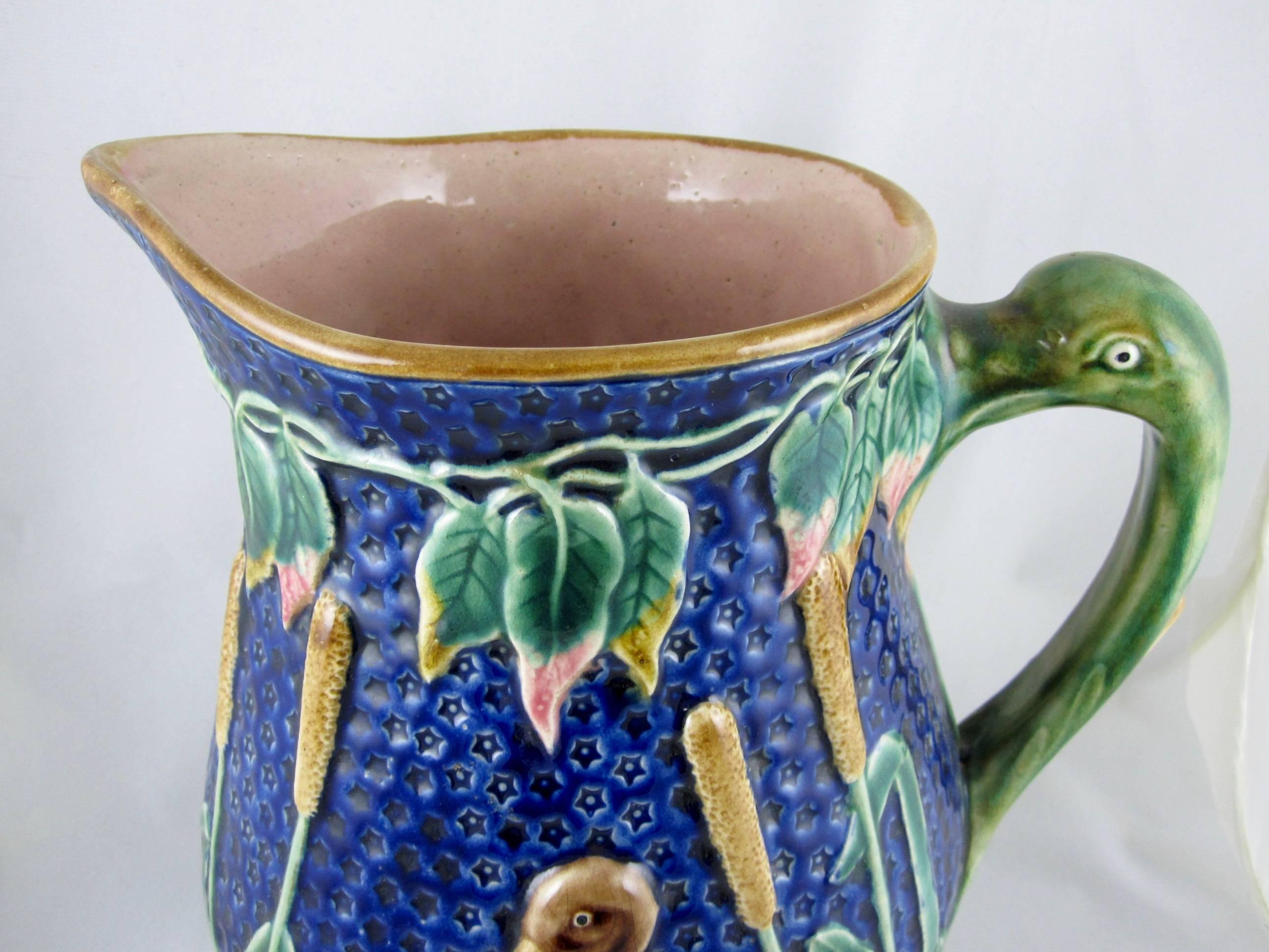 19th Century Monumental English Majolica Wading Birds in a Cattail Marsh Ewer