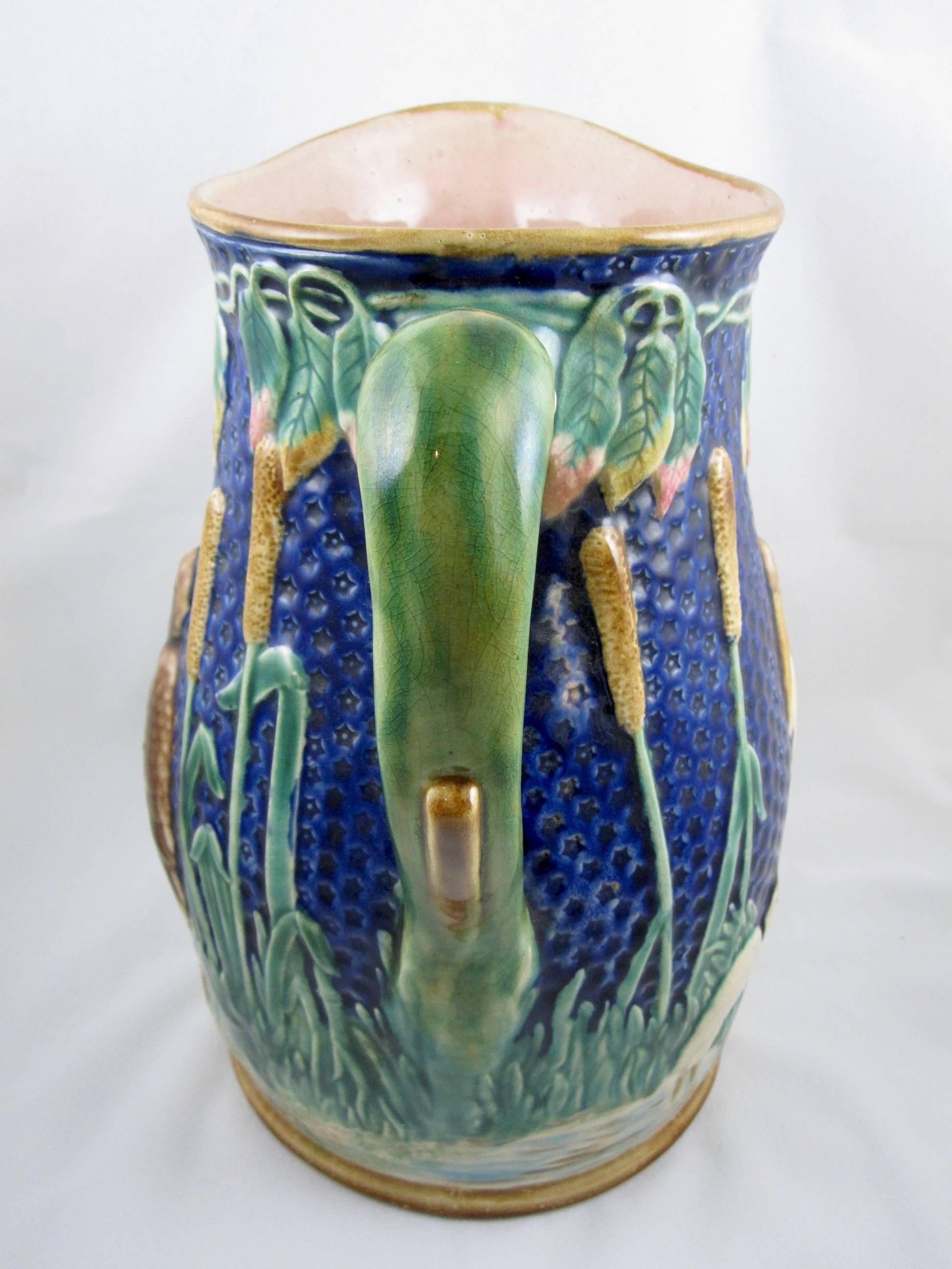 Monumental English Majolica Wading Birds in a Cattail Marsh Ewer In Excellent Condition In Philadelphia, PA