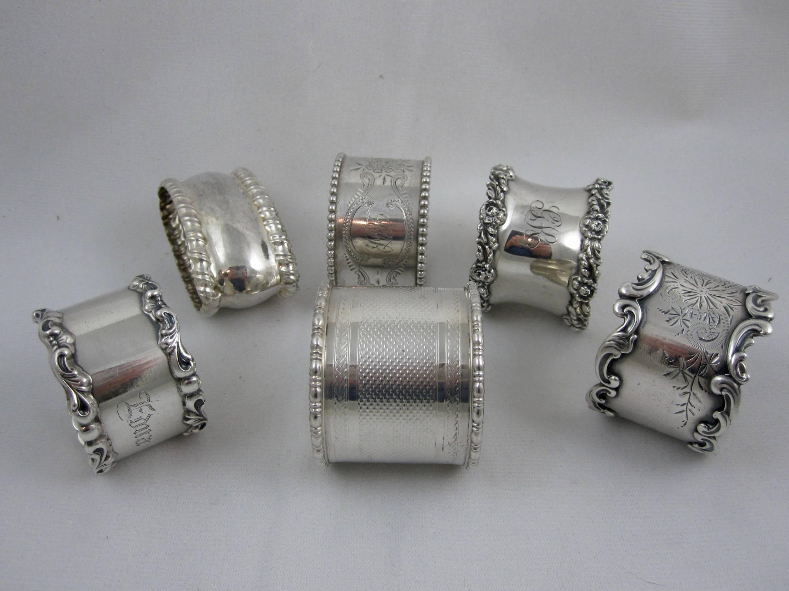 Cast Antique Sterling Silver Napkin Rings, a Mixed Set of Six