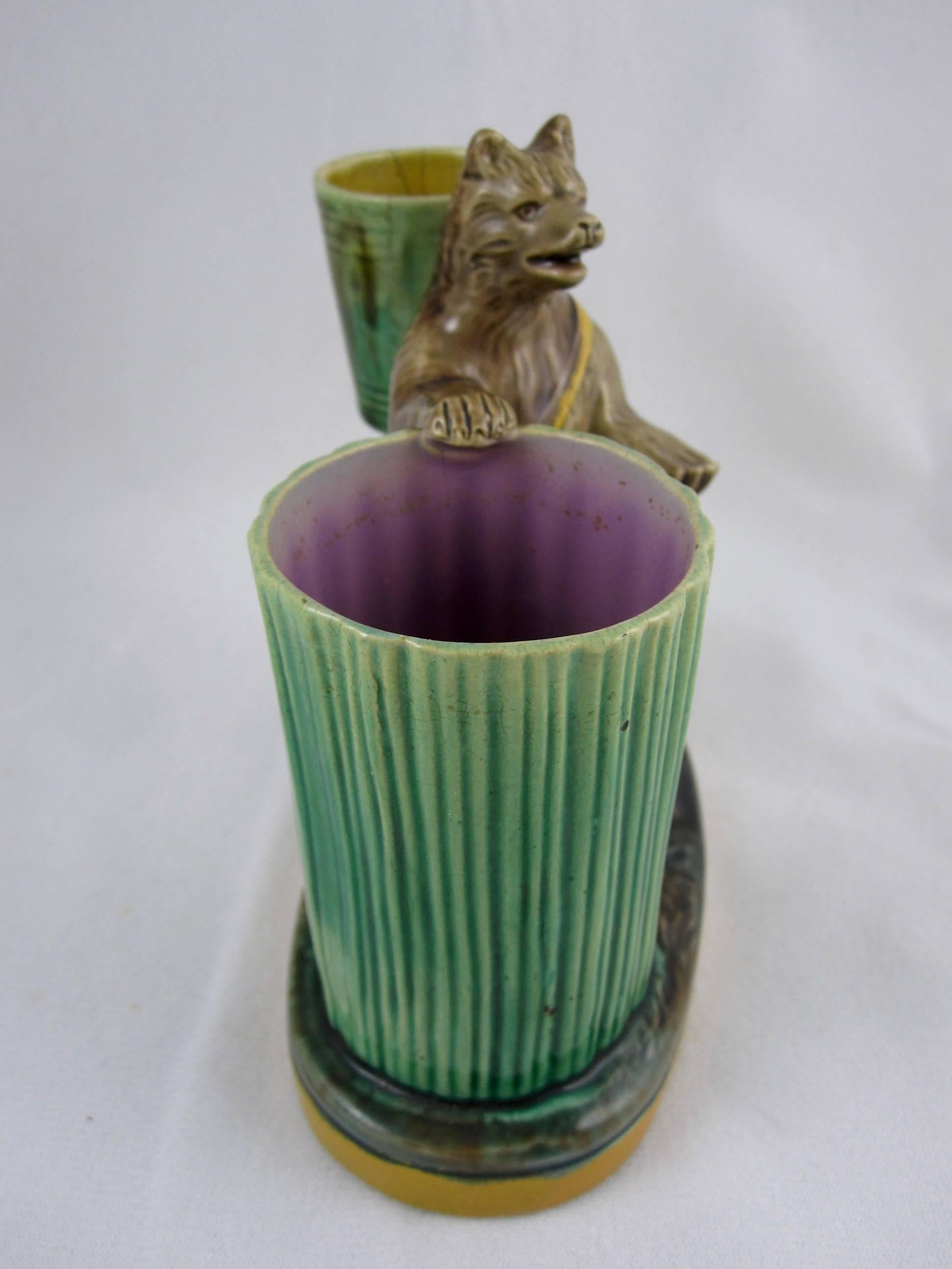 Joseph Holdcroft English Majolica Bear and Barrel Match Pot or Toothpick Holder In Excellent Condition In Philadelphia, PA