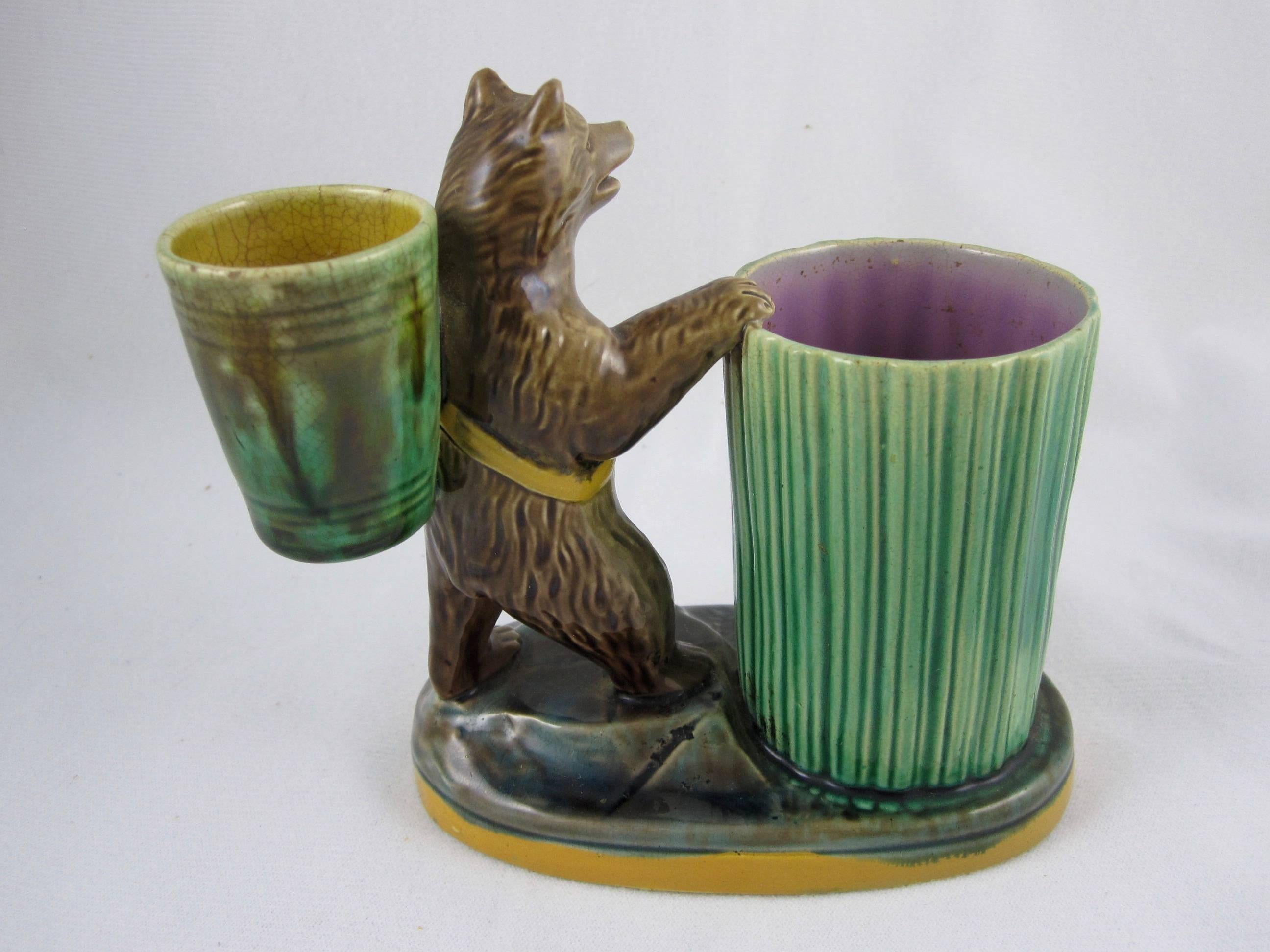 Glazed Joseph Holdcroft English Majolica Bear and Barrel Match Pot or Toothpick Holder
