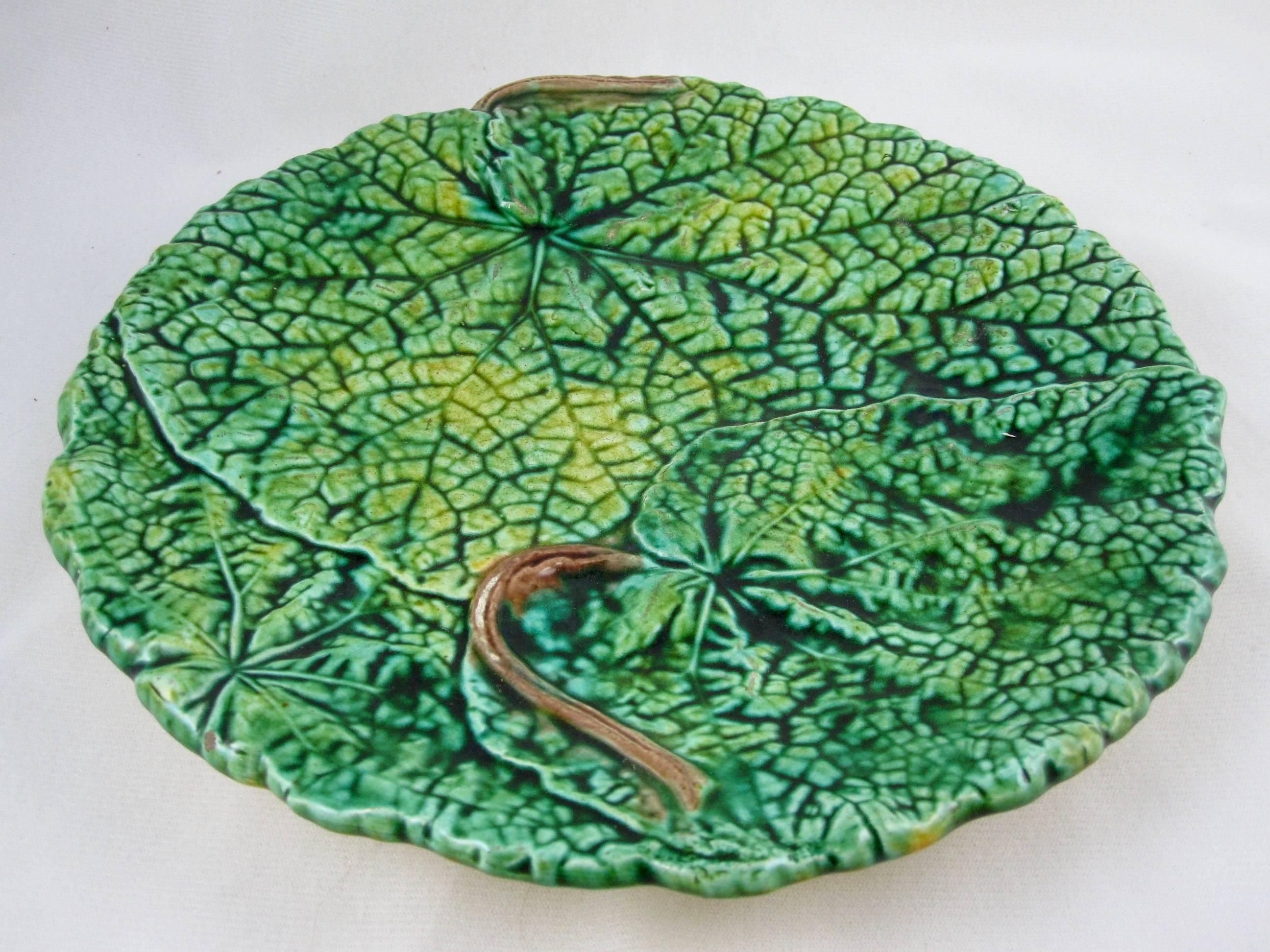 Glazed Joseph Roth-London, English Majolica Overlapping Begonia Leaf Plates S/4