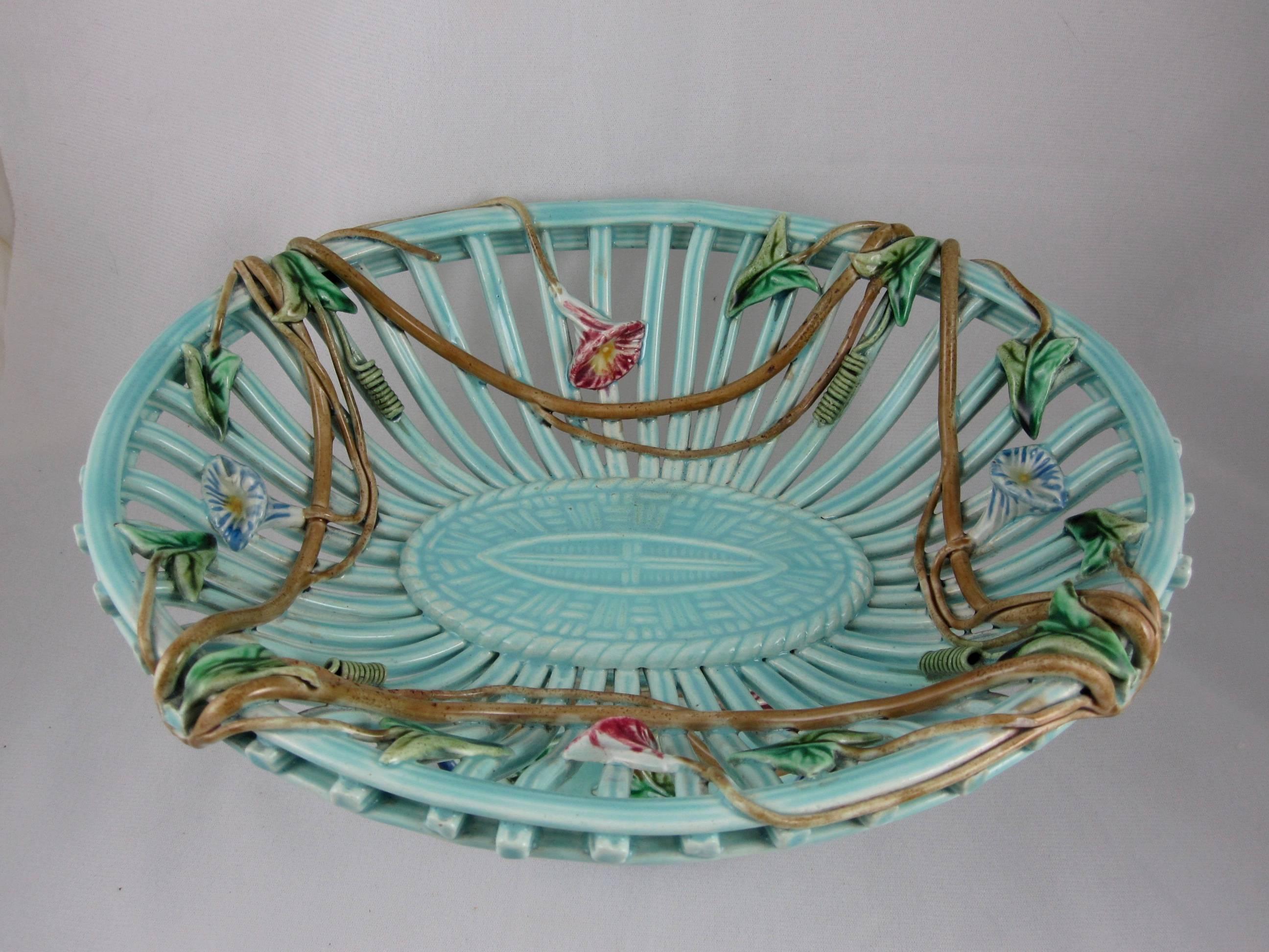 Aesthetic Movement  19th Century Sarreguemines French Majolica Wicker & Morning Glory Vine Compote