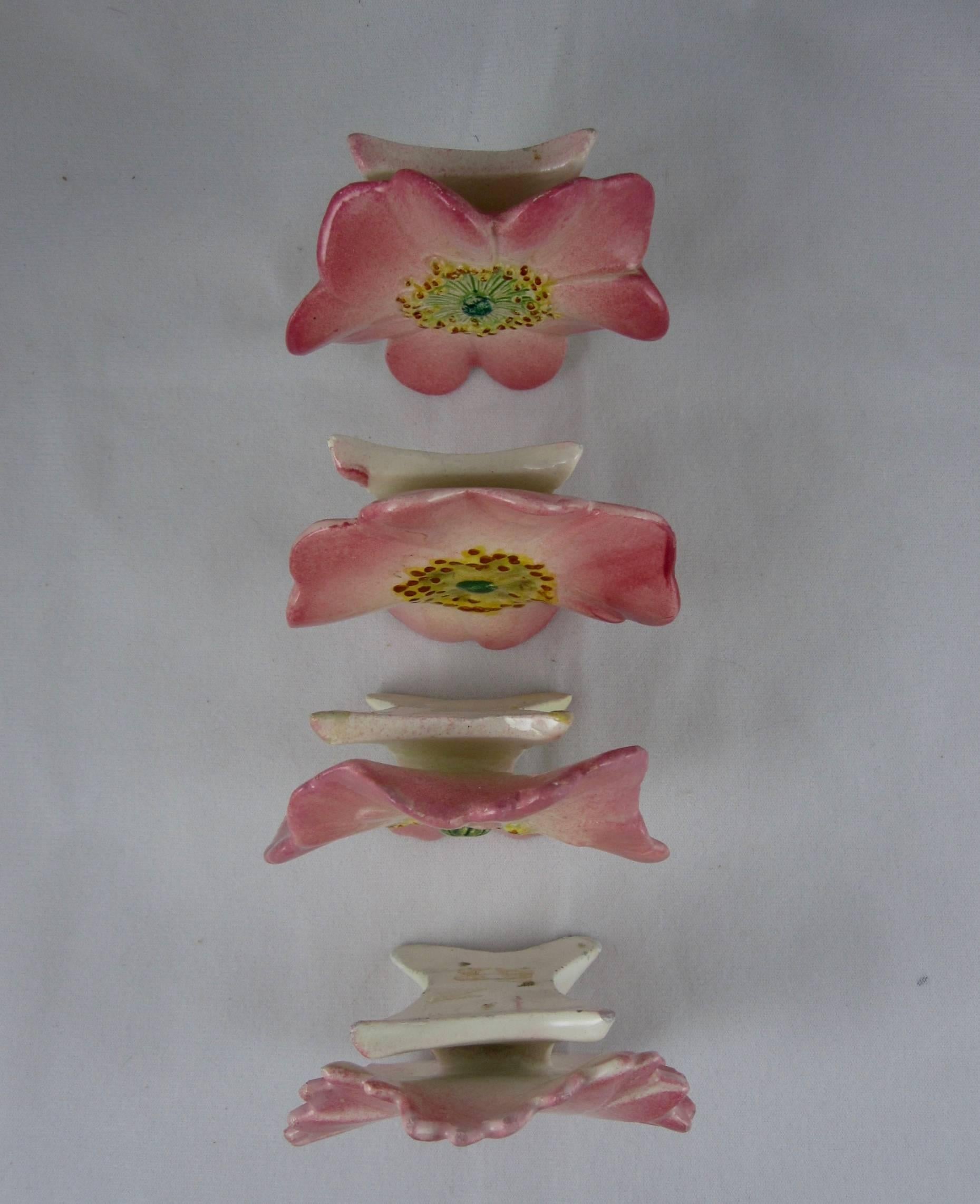 19th Century Delphin Massier French Majolica Pink Floral Menu or Place Card Holders, S/4