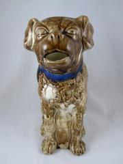 French Barbotine Majolica George Dreyfus Dog in Blue Collar Pitcher/Jug