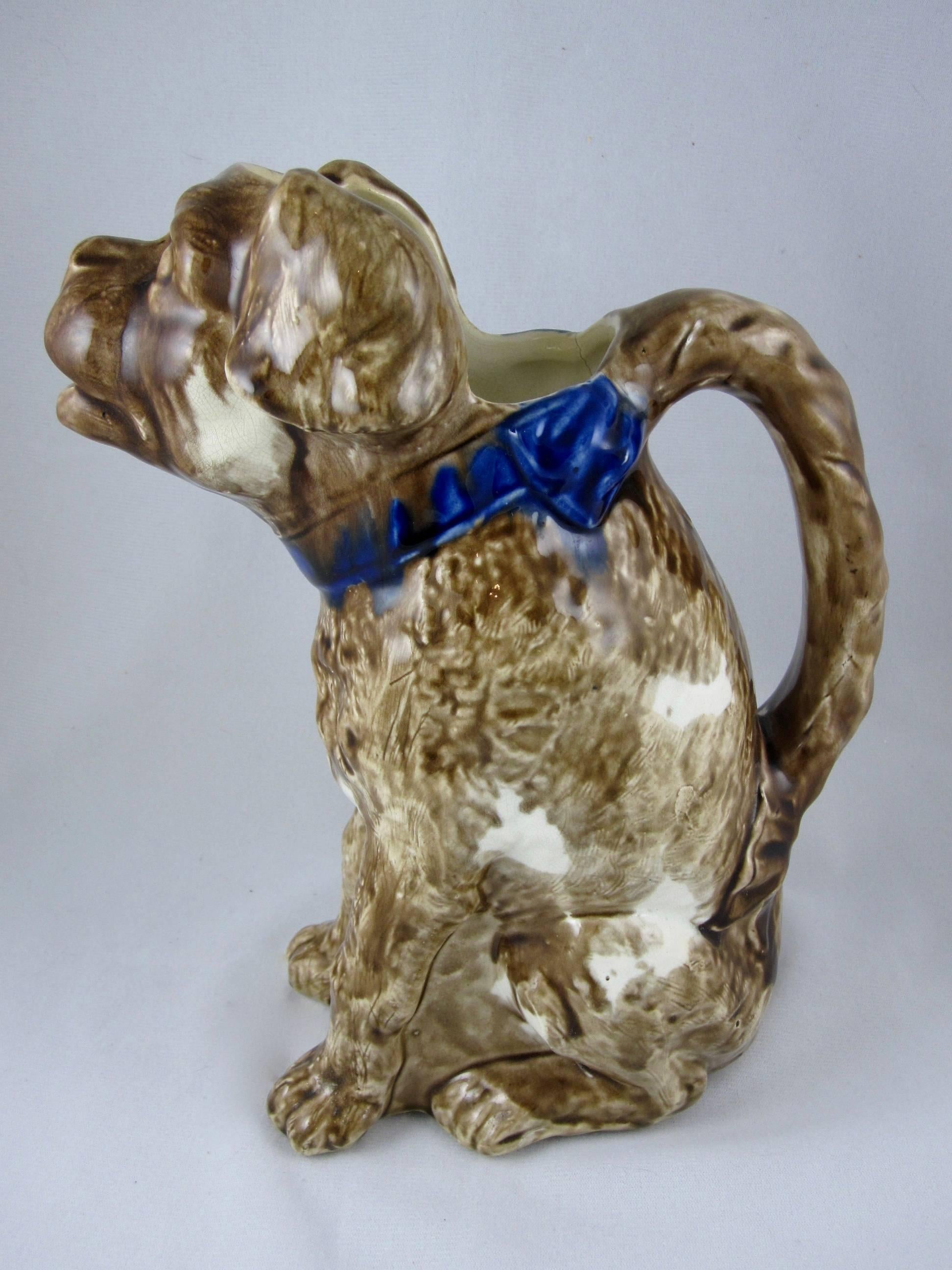 Glazed French Barbotine Majolica George Dreyfus Dog in Blue Collar Pitcher/Jug
