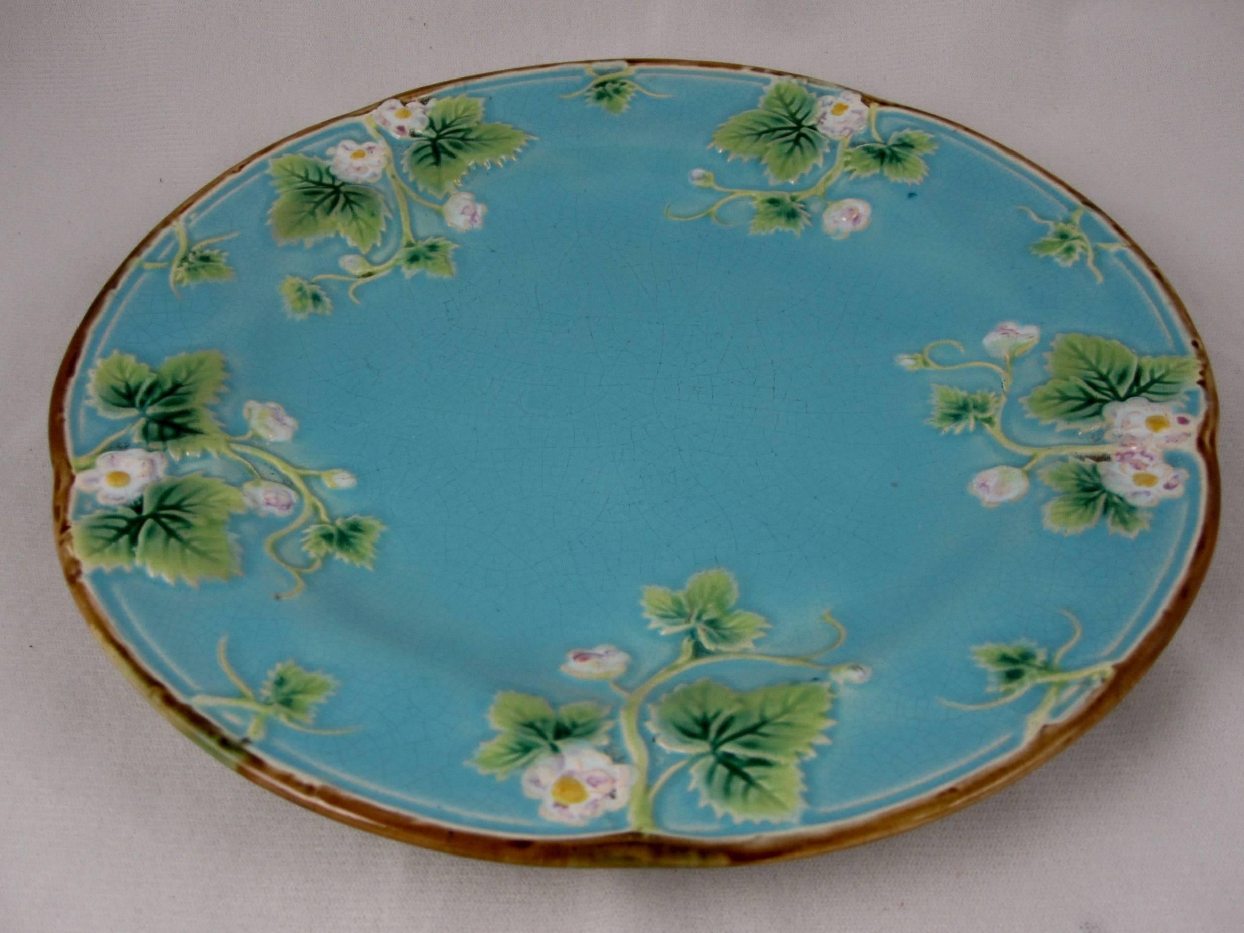Glazed George Jones English Majolica Turquoise Strawberry Plates, S/6, circa 1873