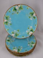 George Jones English Majolica Turquoise Strawberry Plates, S/6, circa 1873
