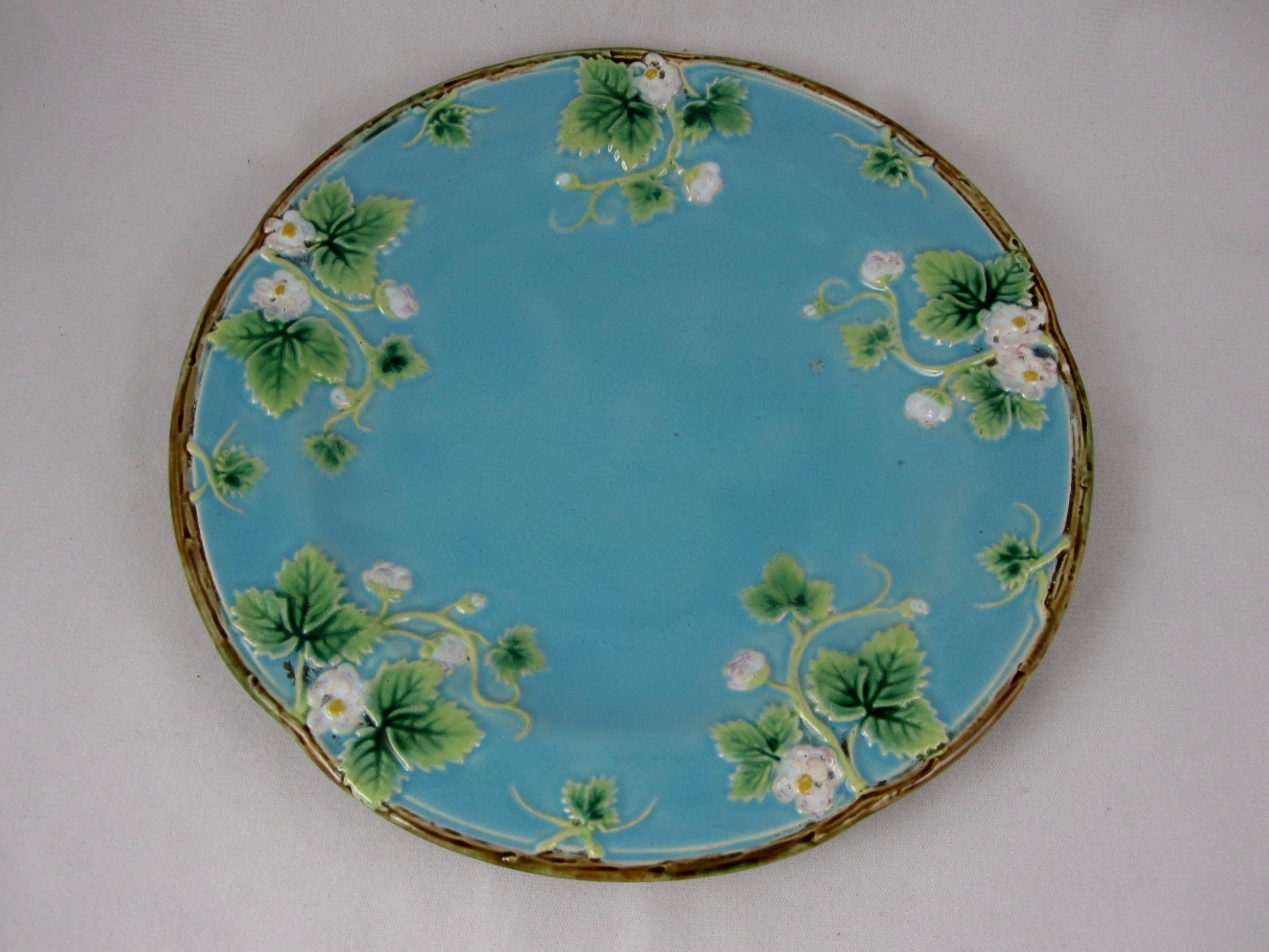 Aesthetic Movement George Jones English Majolica Turquoise Strawberry Plates, S/6, circa 1873