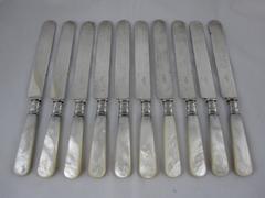English Victorian Mother of Pearl Handled Place Setting Table Knives, Set of Ten