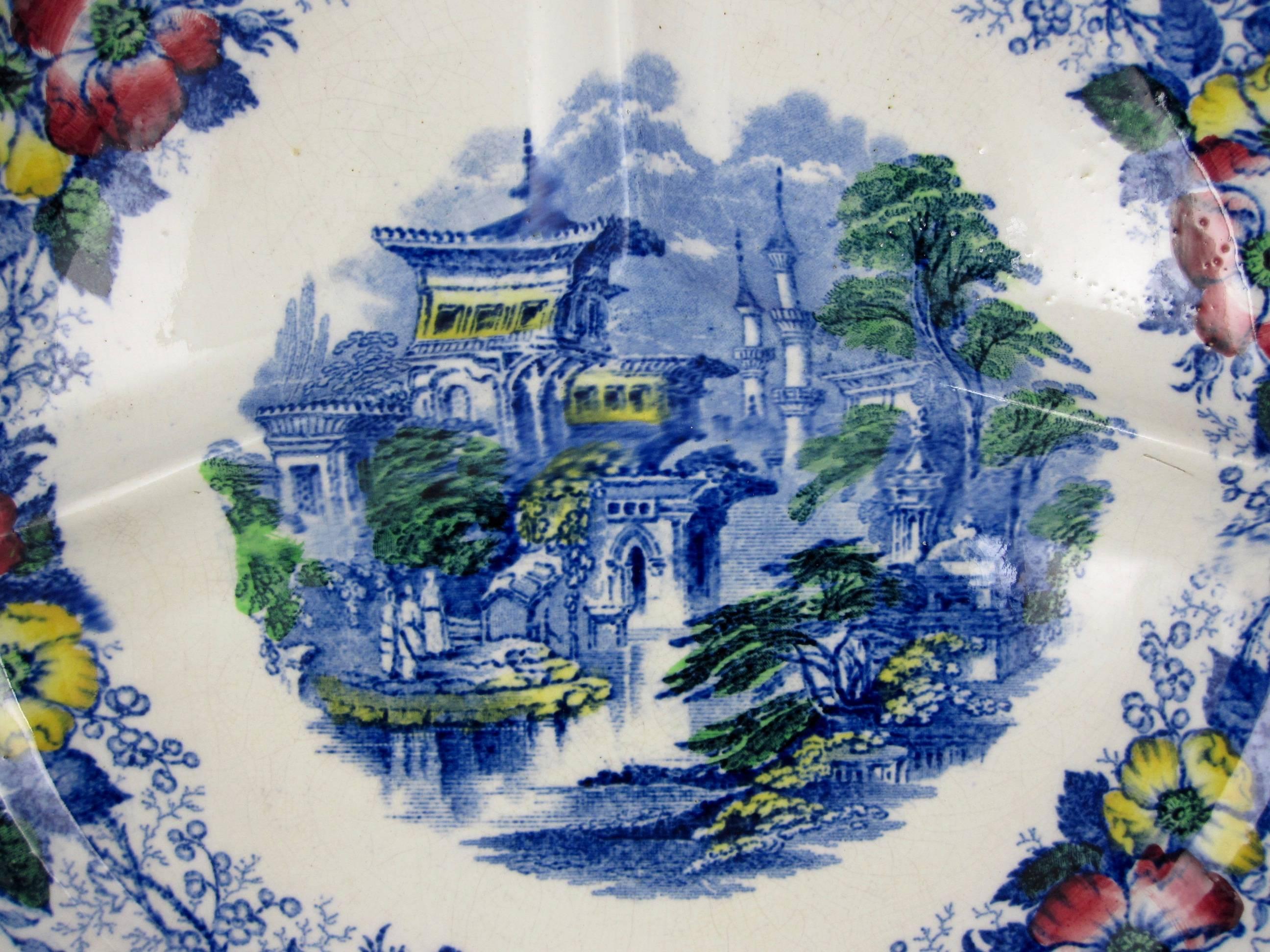 Scottish Ironstone Chinoiserie Landscape & Floral Divided Chop Grill Plates, S/8 In Good Condition For Sale In Philadelphia, PA