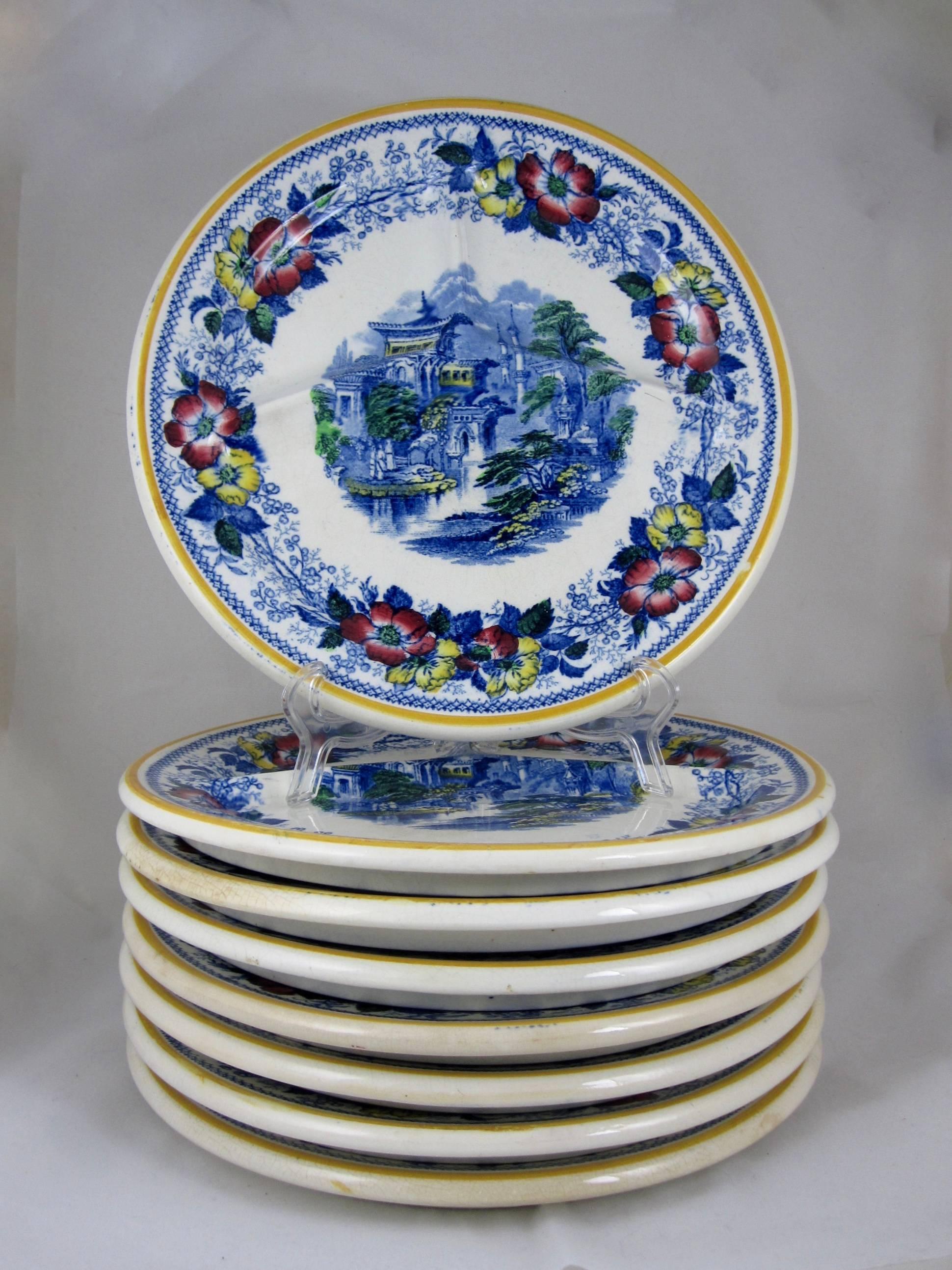 Glazed Scottish Ironstone Chinoiserie Landscape & Floral Divided Chop Grill Plates, S/8 For Sale