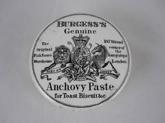 English Staffordshire Transferware Pot & Lid, Burgess Anchovy Paste, 1885