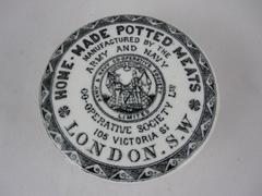 English Staffordshire Transferware Pot & Lid, Army/Navy Home-Made Potted Meat