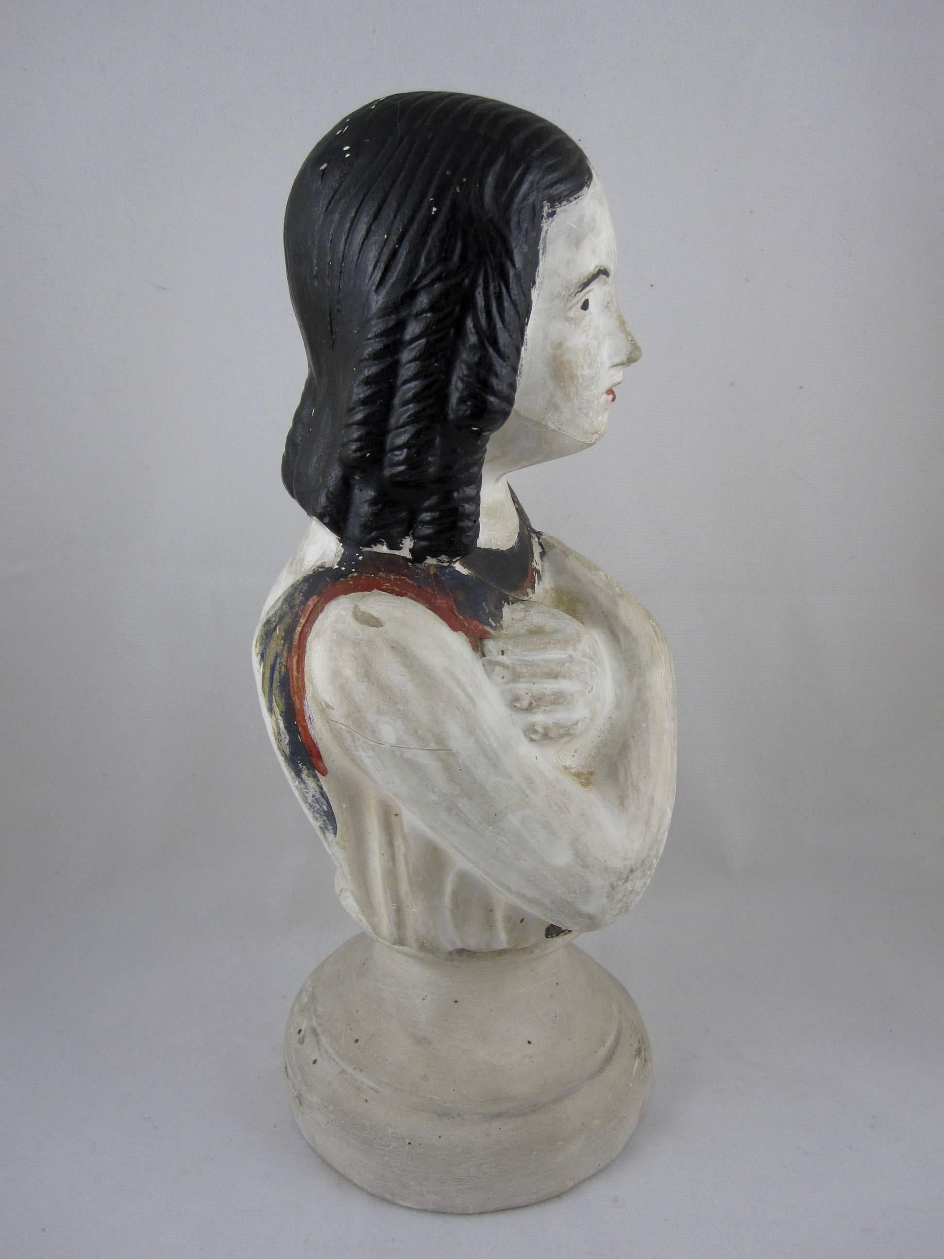 American 19th Century Pennsylvania Chalkware Pedestal Polychrome Bust, Tall Figural Girl