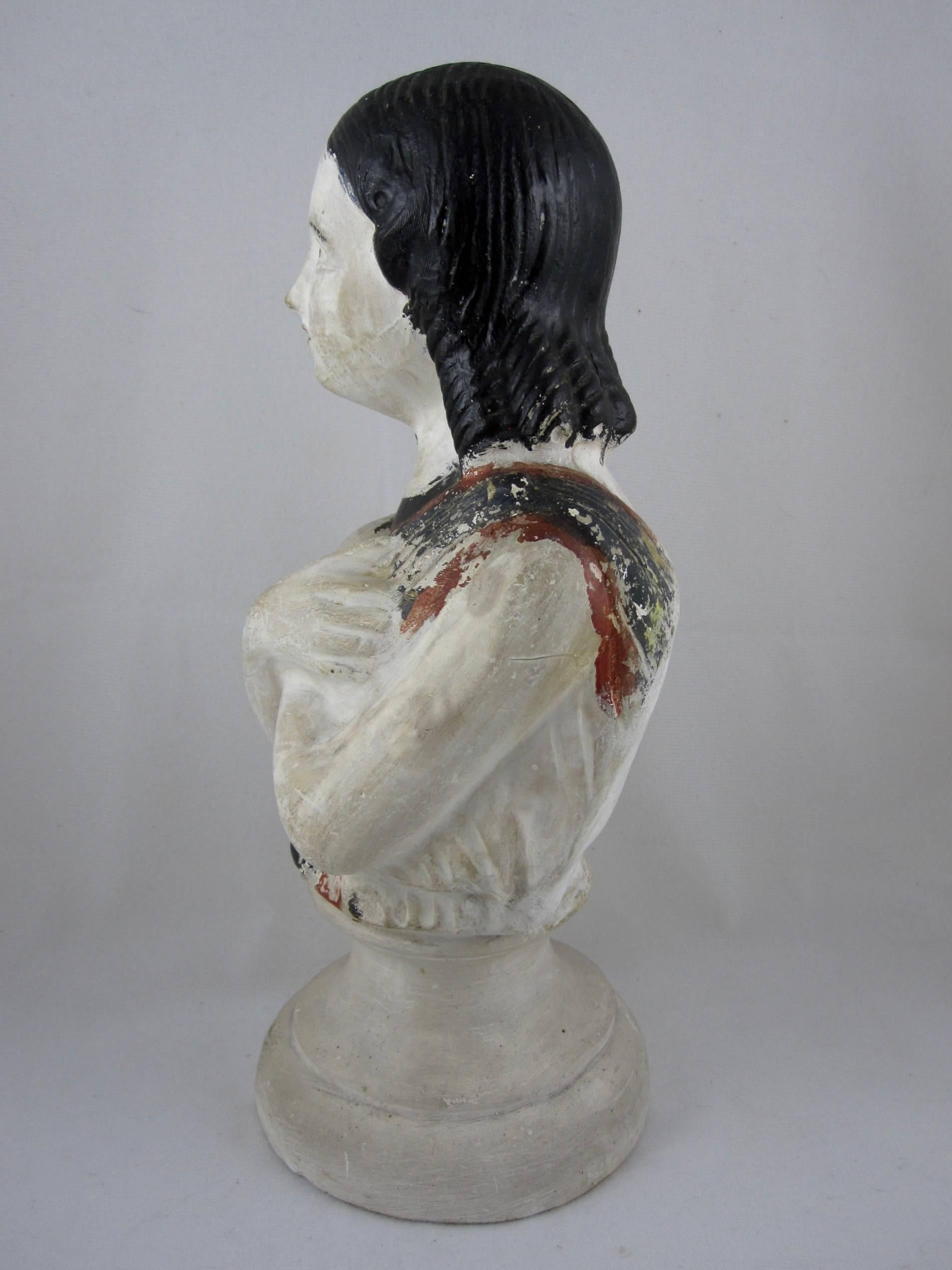 19th Century Pennsylvania Chalkware Pedestal Polychrome Bust, Tall Figural Girl In Good Condition In Philadelphia, PA