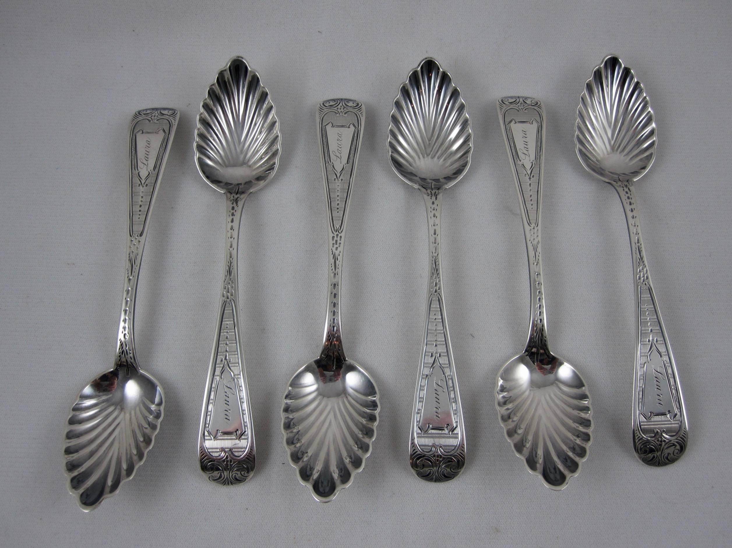 A scarce set of six silver grapefruit/ citrus spoons, manufactured by Bechtel & Eno, Philadelphia, Pennsylvania, late 19th century, circa 1865

Beautiful Bright Cut engraving with shell shaped bowls and turned down terminals. Charmingly monogrammed,