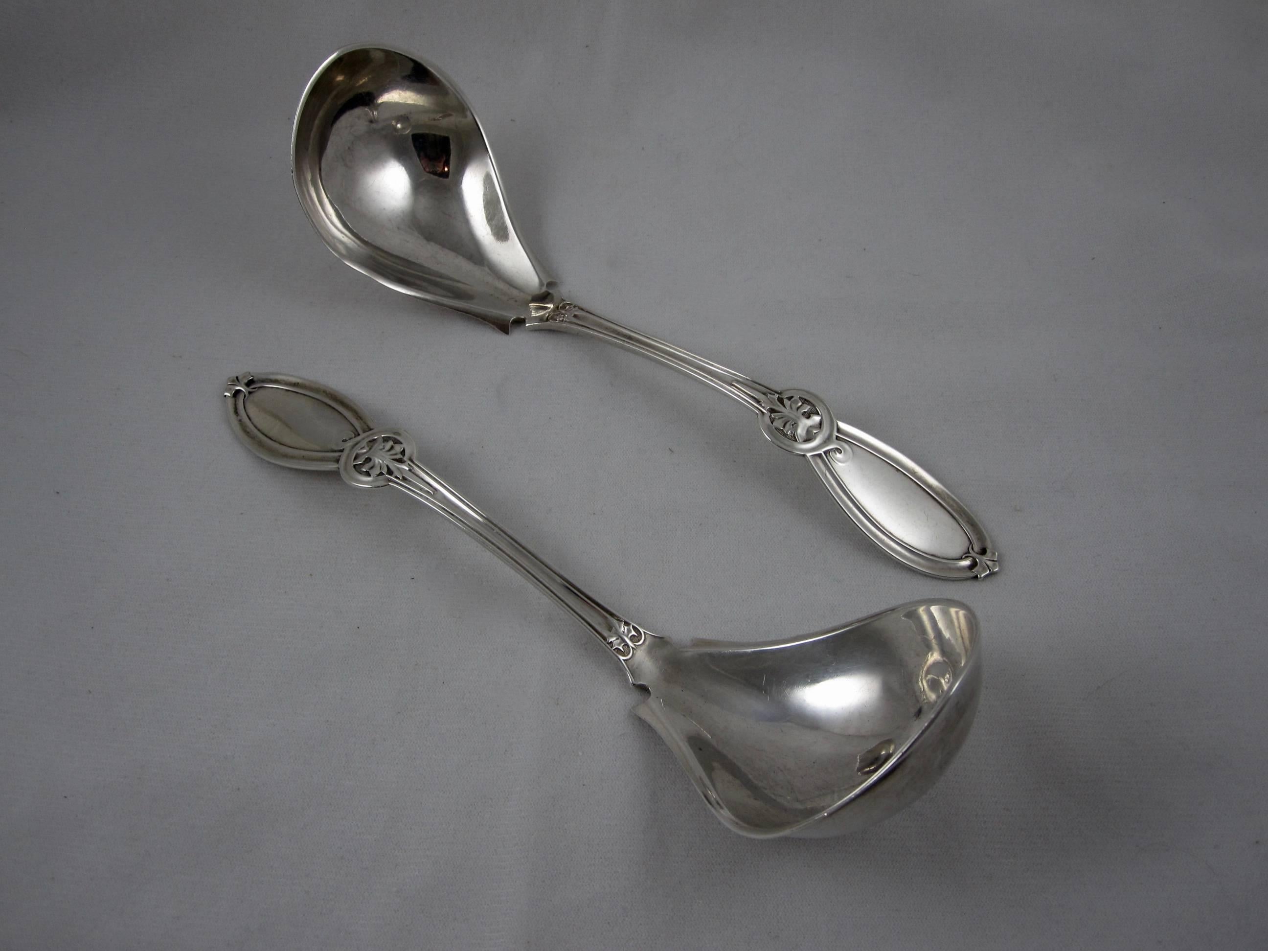 A scarce sterling silver ladle, manufactured by Ball, Black & Co., New York, circa 1851-1874. Offered individually, a pair may be available.

The handle shows a leaf motif with a cartouche. The bowl is shaped distinctively for serving oyster meat