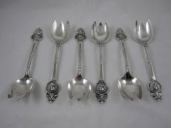 19th Century Sterling Silver Armorial Ice Cream Forks, Gorham Medallion Set of 6