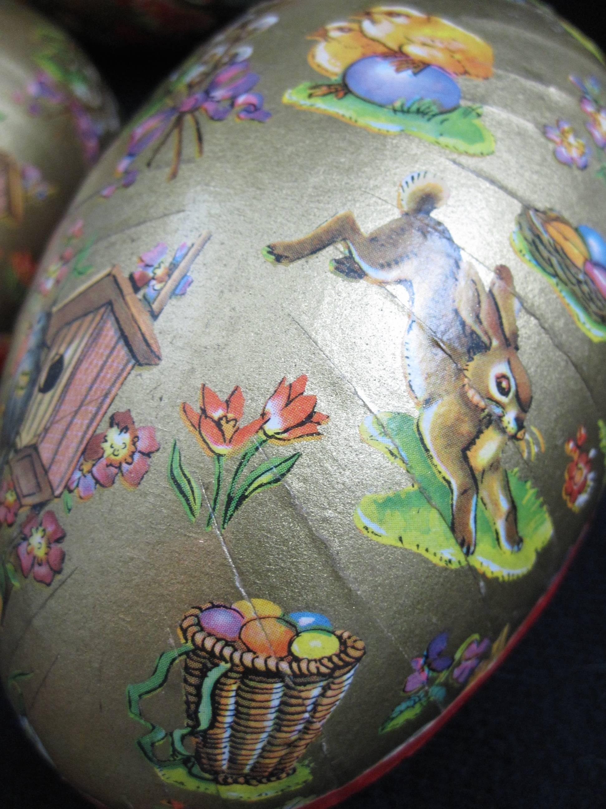 Victorian  German Papier-Mâché Easter Holiday Egg-Shaped Ornament Candy Containers, S/3