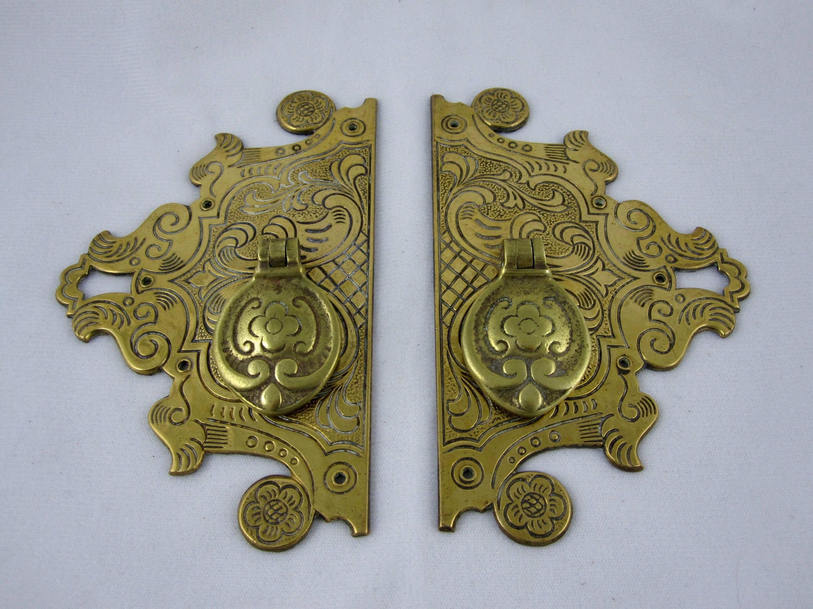 Aesthetic Movement Late 19th Century English Brass Asian Influence Cabinet Door Pulls, Pair