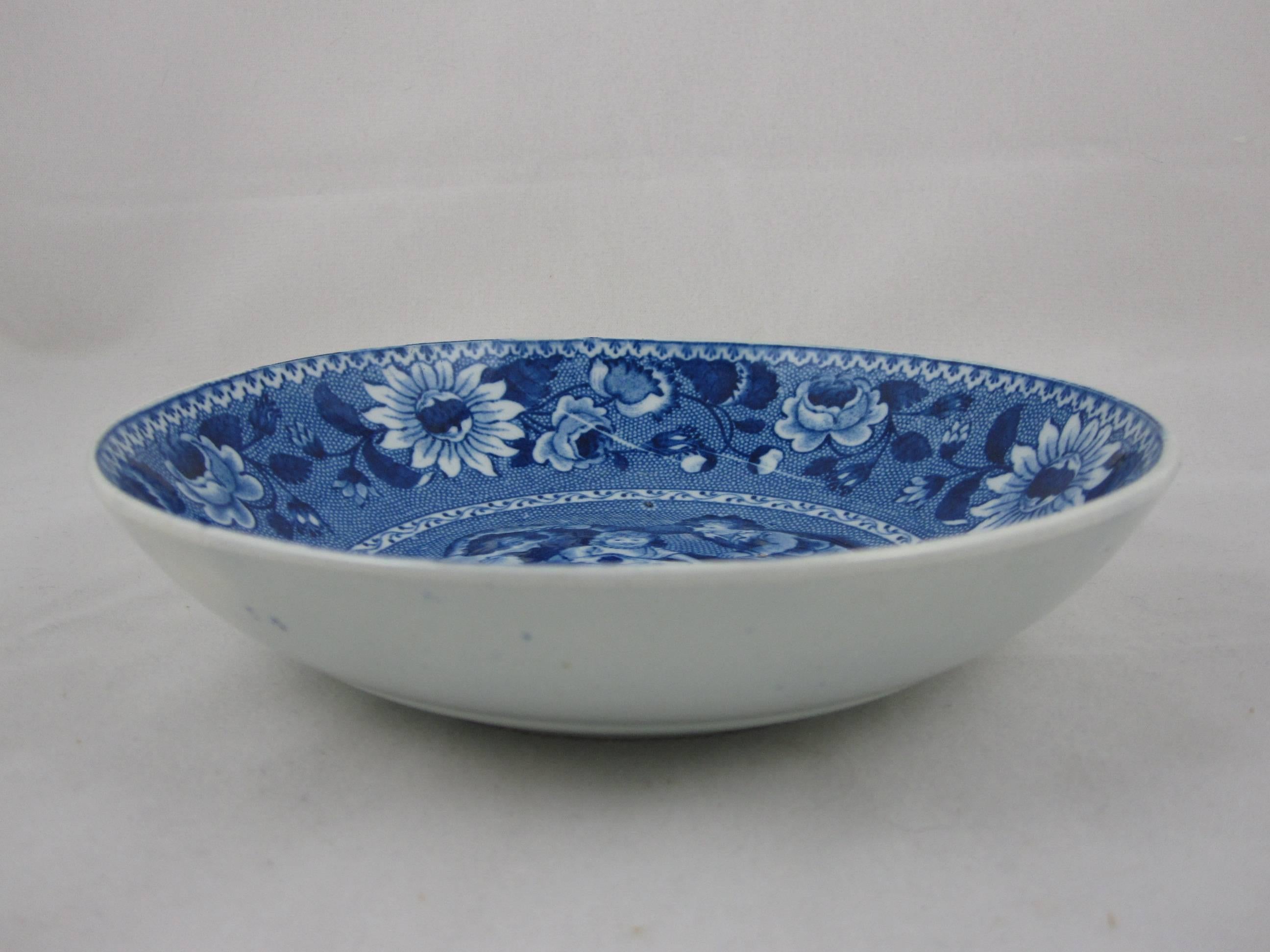 19th Century Ralph & James Clews Staffordshire Blue Transferware Bowl, Family Dog in a Cradle