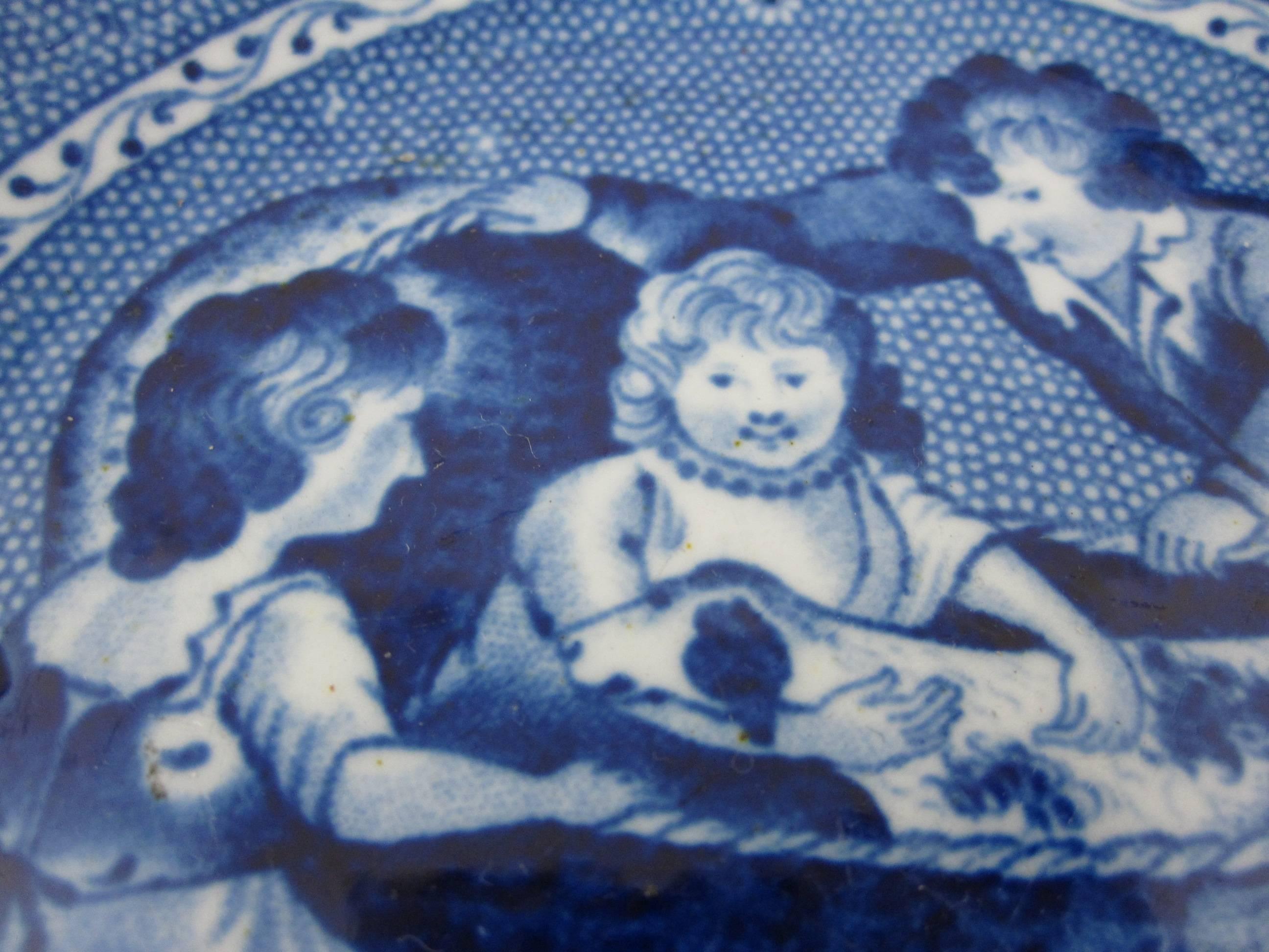 Georgian Ralph & James Clews Staffordshire Blue Transferware Bowl, Family Dog in a Cradle