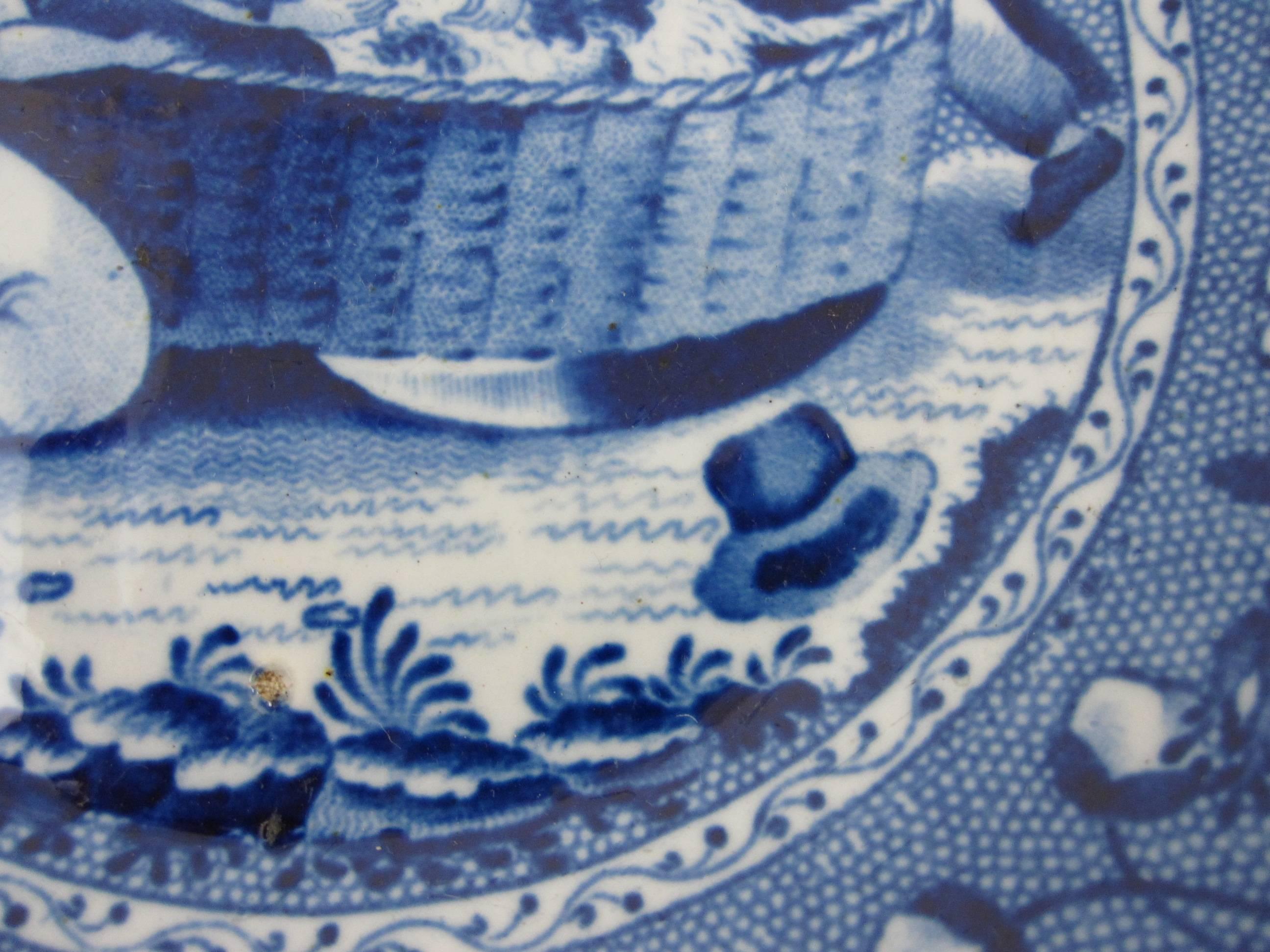 Ralph & James Clews Staffordshire Blue Transferware Bowl, Family Dog in a Cradle In Good Condition In Philadelphia, PA