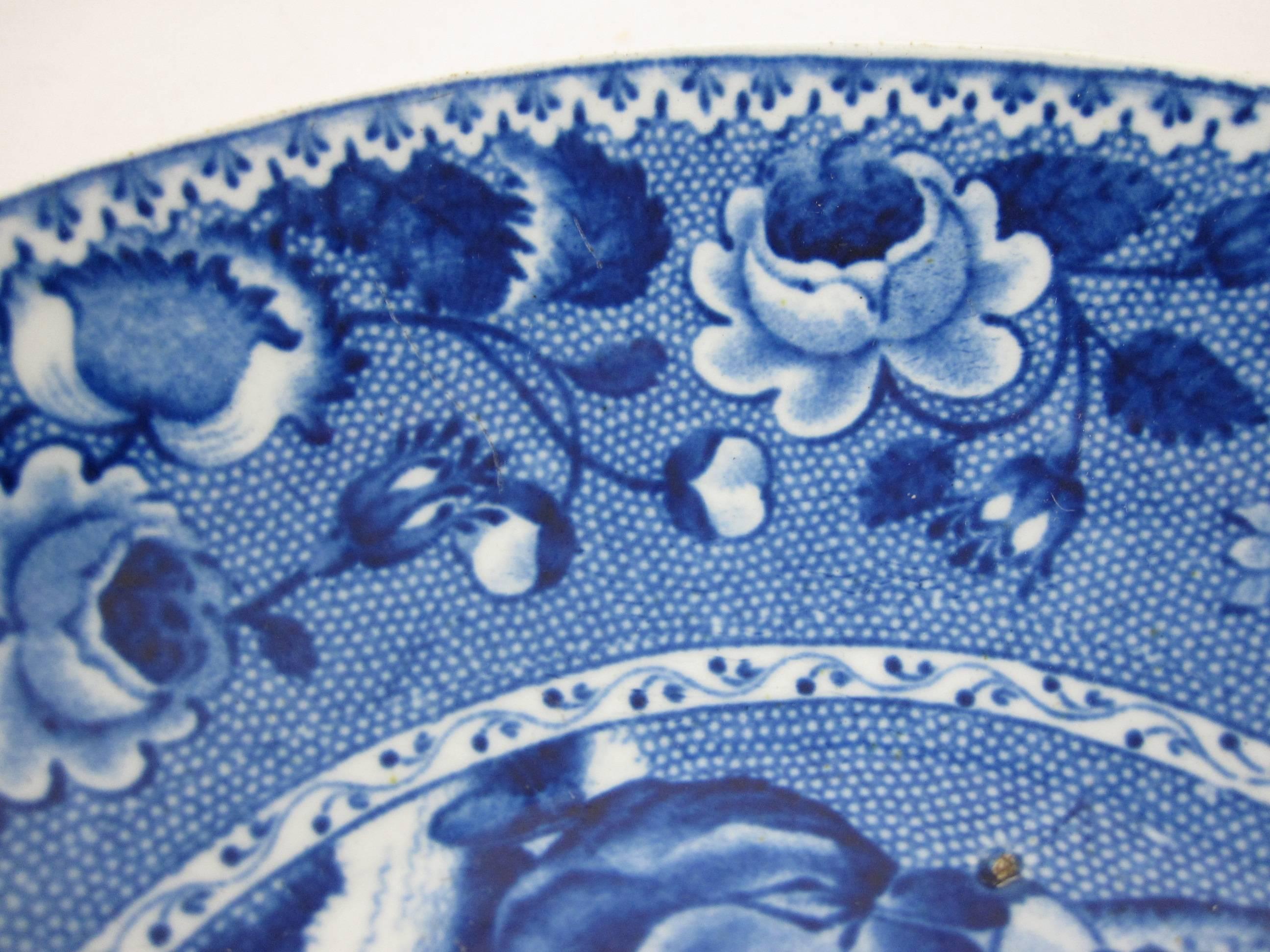 Glazed Ralph & James Clews Staffordshire Blue Transferware Bowl, Family Dog in a Cradle