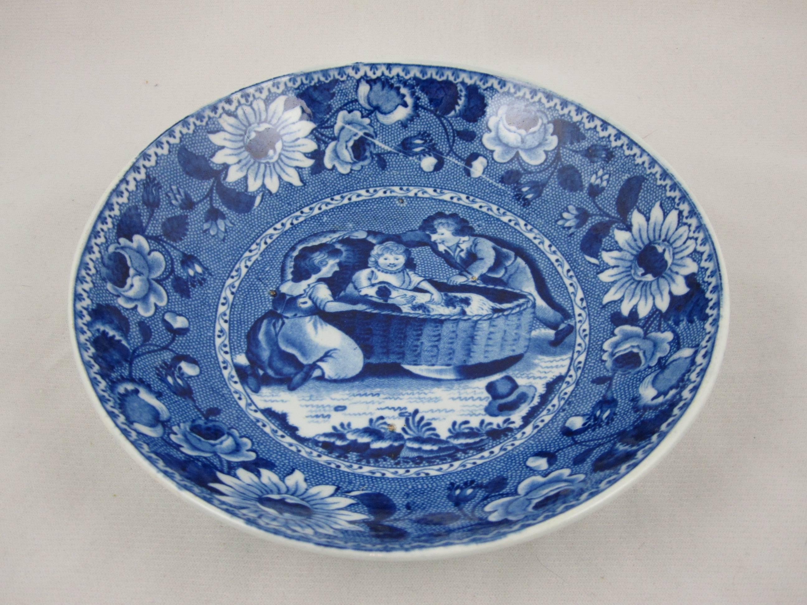 English Ralph & James Clews Staffordshire Blue Transferware Bowl, Family Dog in a Cradle