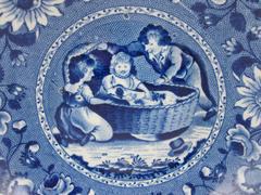 Ralph & James Clews Staffordshire Blue Transferware Bowl, Family Dog in a Cradle