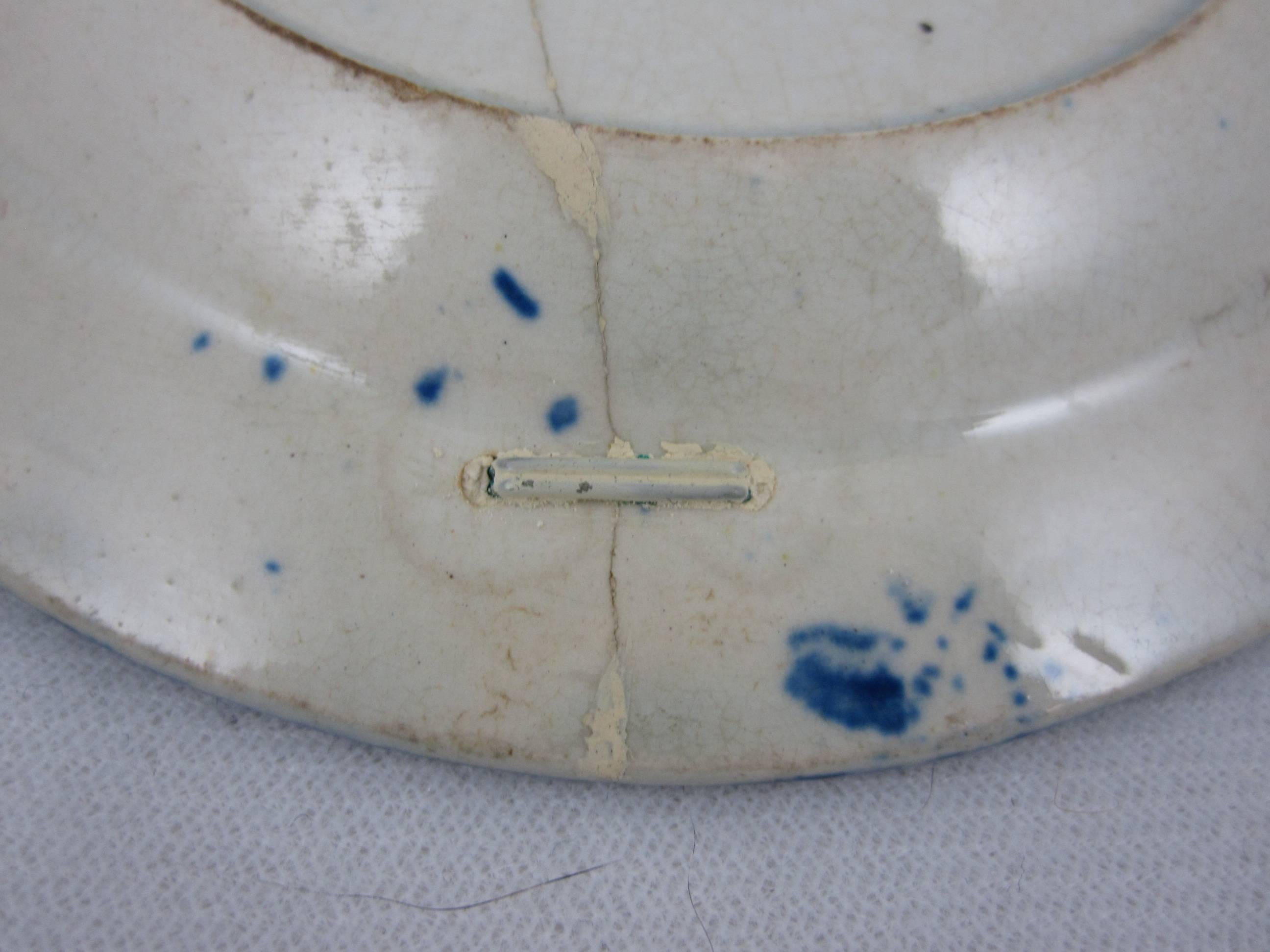 Georgian Blue and White Transferware Staple Repaired Cup Plate, the Farmer's Family