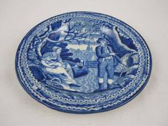 Blue and White Transferware Staple Repaired Cup Plate, the Farmer's Family