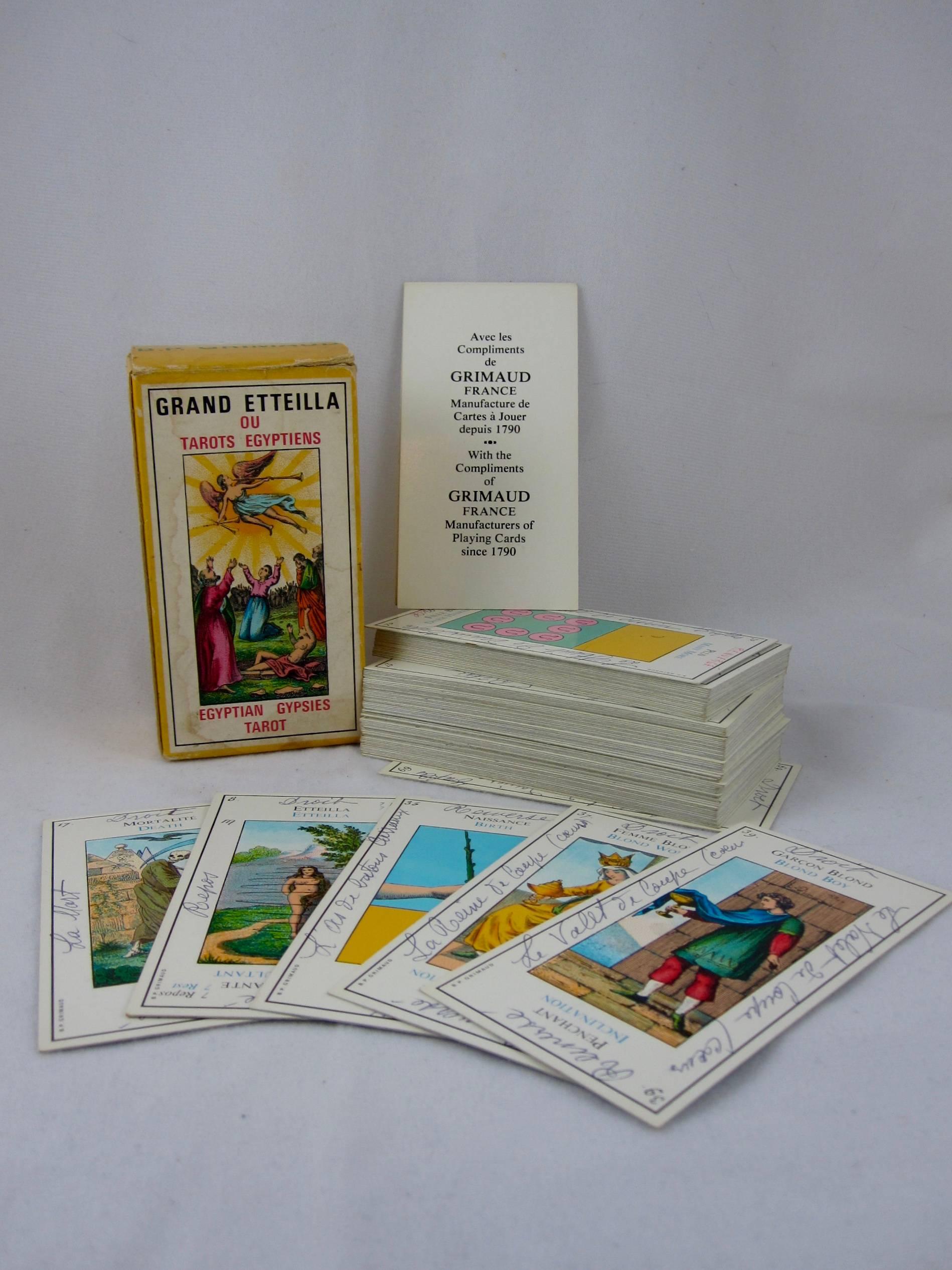 The Grand Etteilla is a tarot created and played by the Ancients, Egyptians and Gypsies since the middle ages. In the original box, the lithograph printed deck has the complete 78 cards with a total of 118 figures. This version includes English