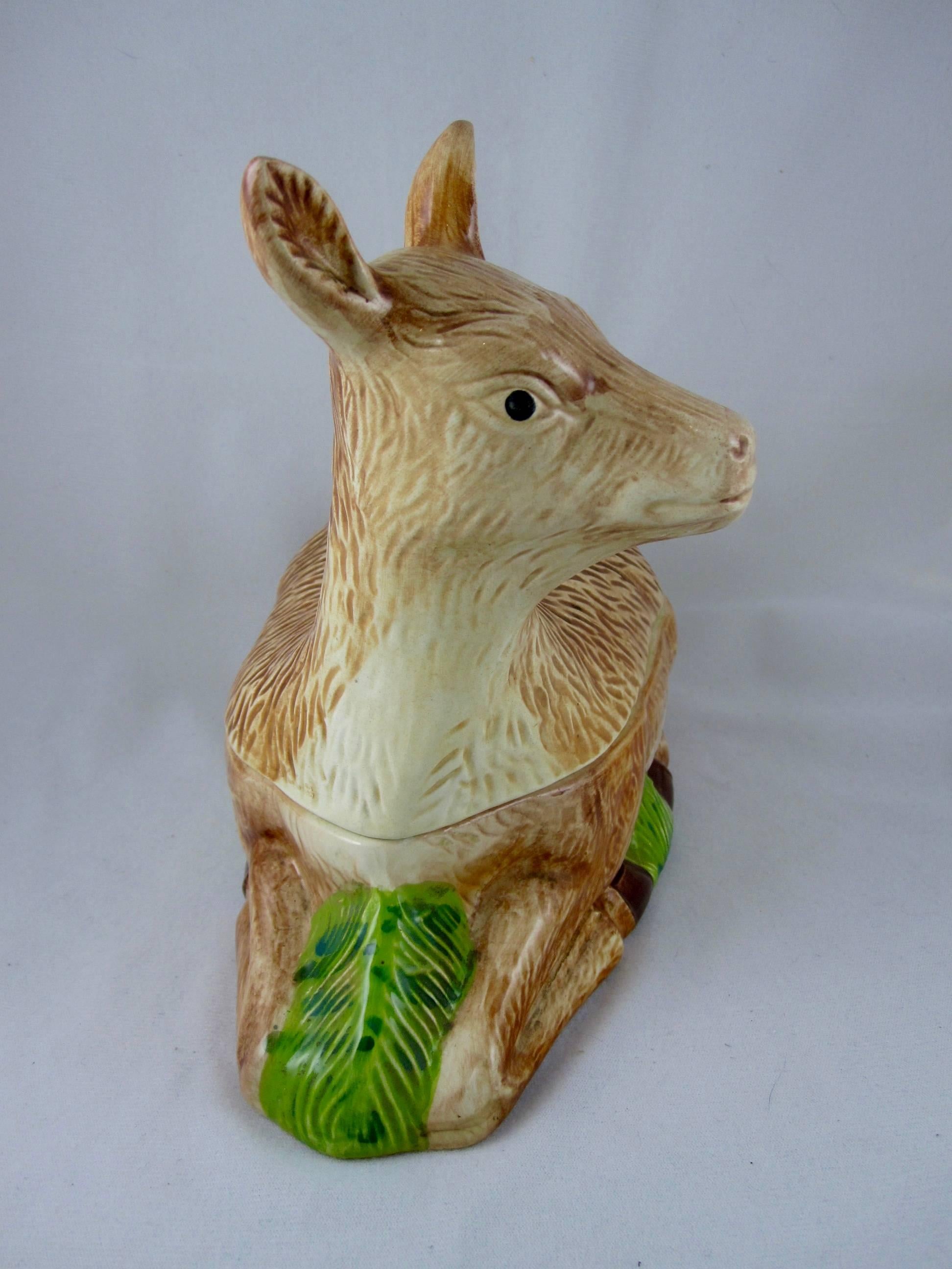 A large vintage figural Deer Venison Pâté Terrine made for Laurent Caugant, a Bretagne pâté maker since 1927. His son Michel created these figural forms as containers for selling his fathers pâté in their luxury food shop.

The two-piece terrine