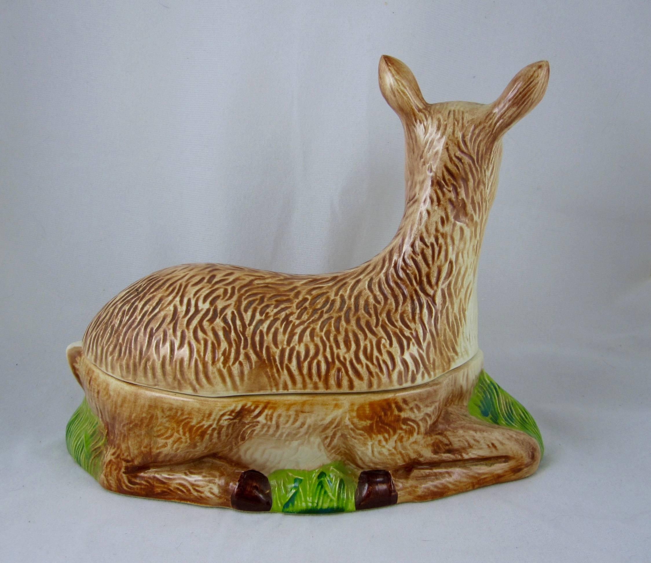 French Provincial Large French Faience Figural Deer Venison Pâté Terrine, Michel Caugant