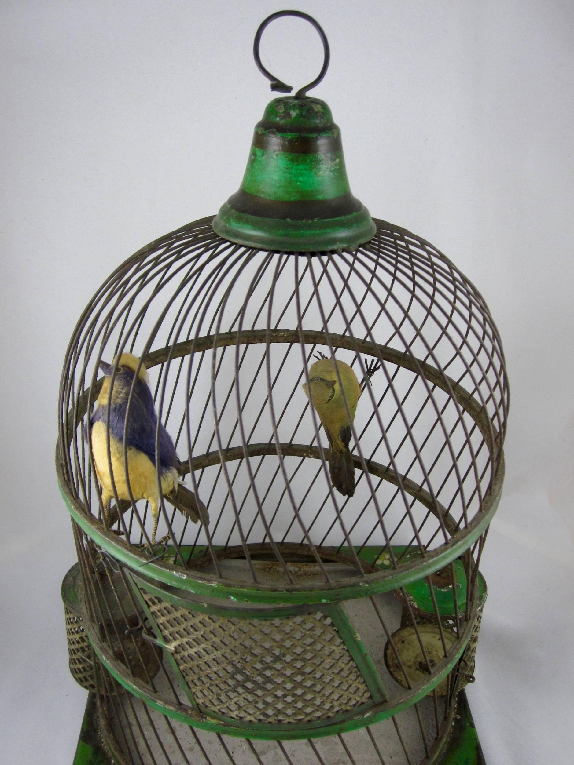 Polychromed French Belle Époque Tole Peinte Bird Cage and Two Feathered Birds
