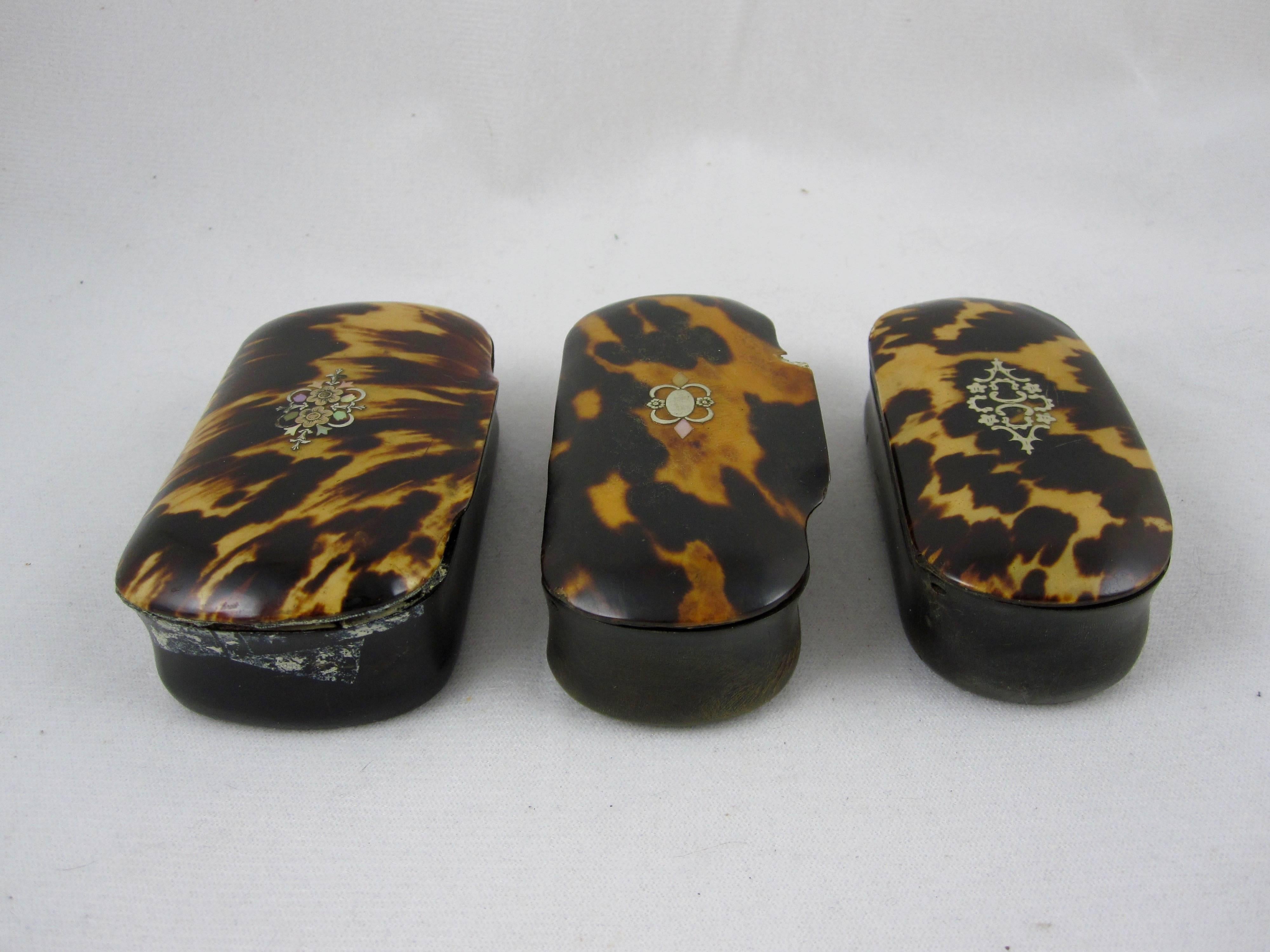 English 18th Century Tortoiseshell, Silver, Brass & Pearl Inlay Snuff Boxes Set of Three