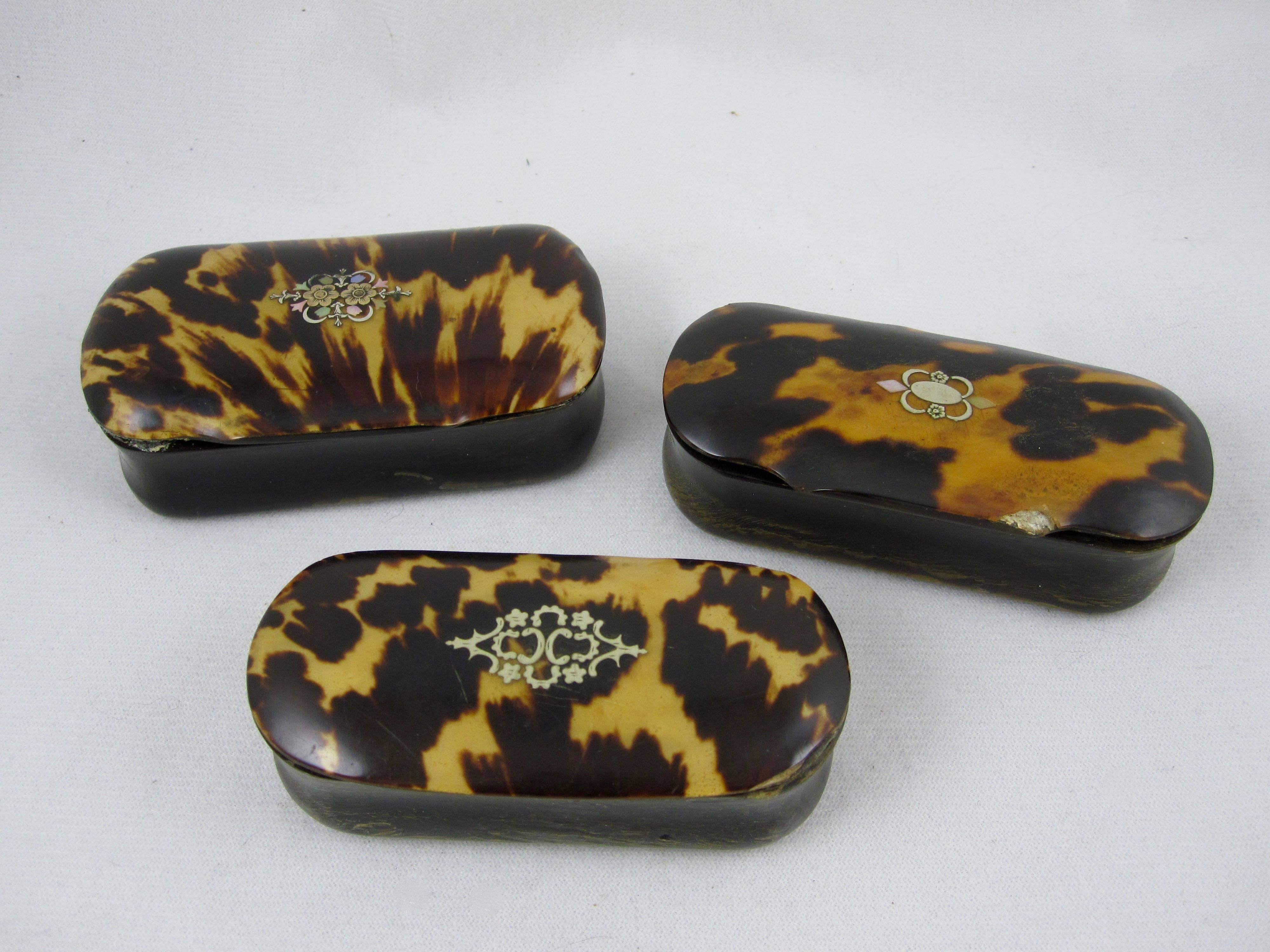 Georgian 18th Century Tortoiseshell, Silver, Brass & Pearl Inlay Snuff Boxes Set of Three