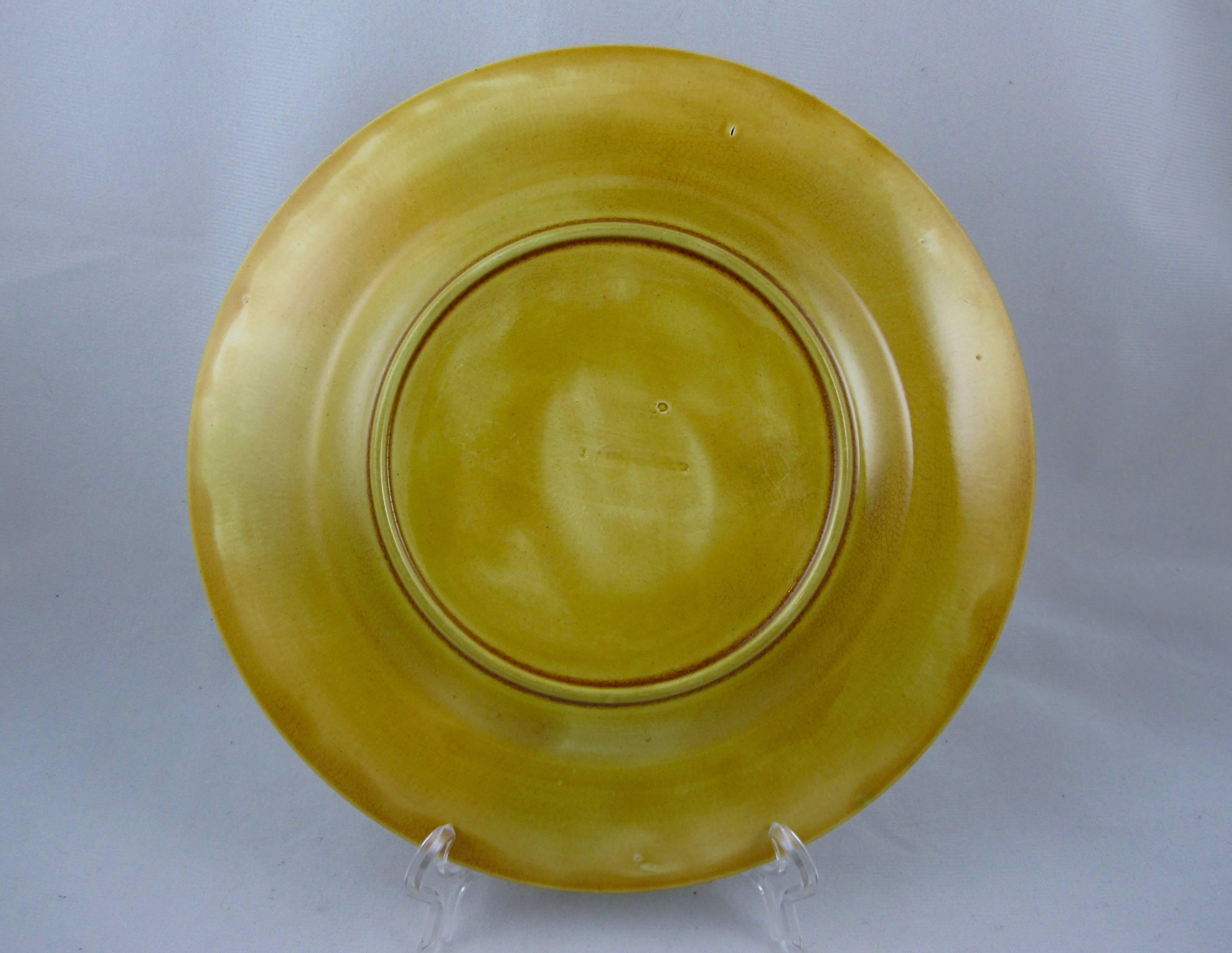 English 19th C. Josiah Wedgwood Basket Weave and Leaf Green/Yellow Ochre Majolica Plate