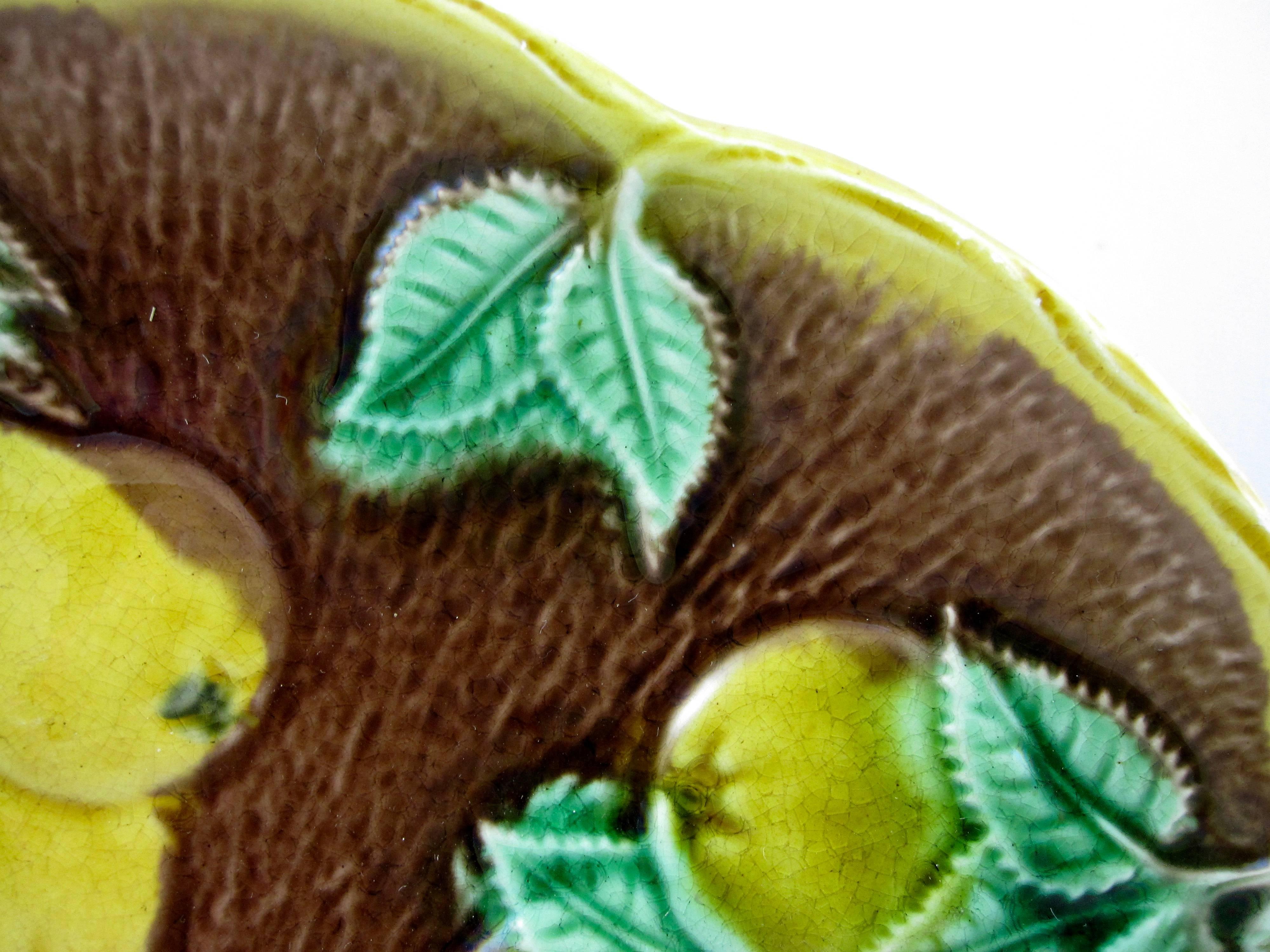 Glazed 19th Century, English Majolica Rustic Yellow Pears on Bark Plate